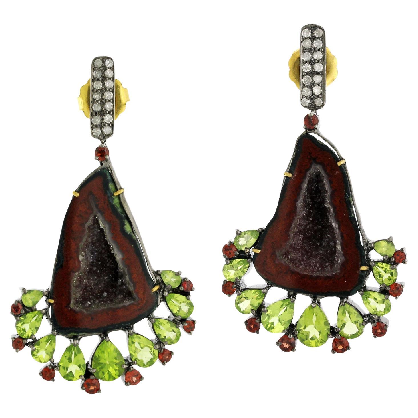 Natural Druzy Geode 
Peridot Statement Earrings Accented With Garnet 
Diamonds For Sale