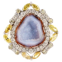 Natural Druzy Geode Statement Ring With Diamonds in 18KT White Gold