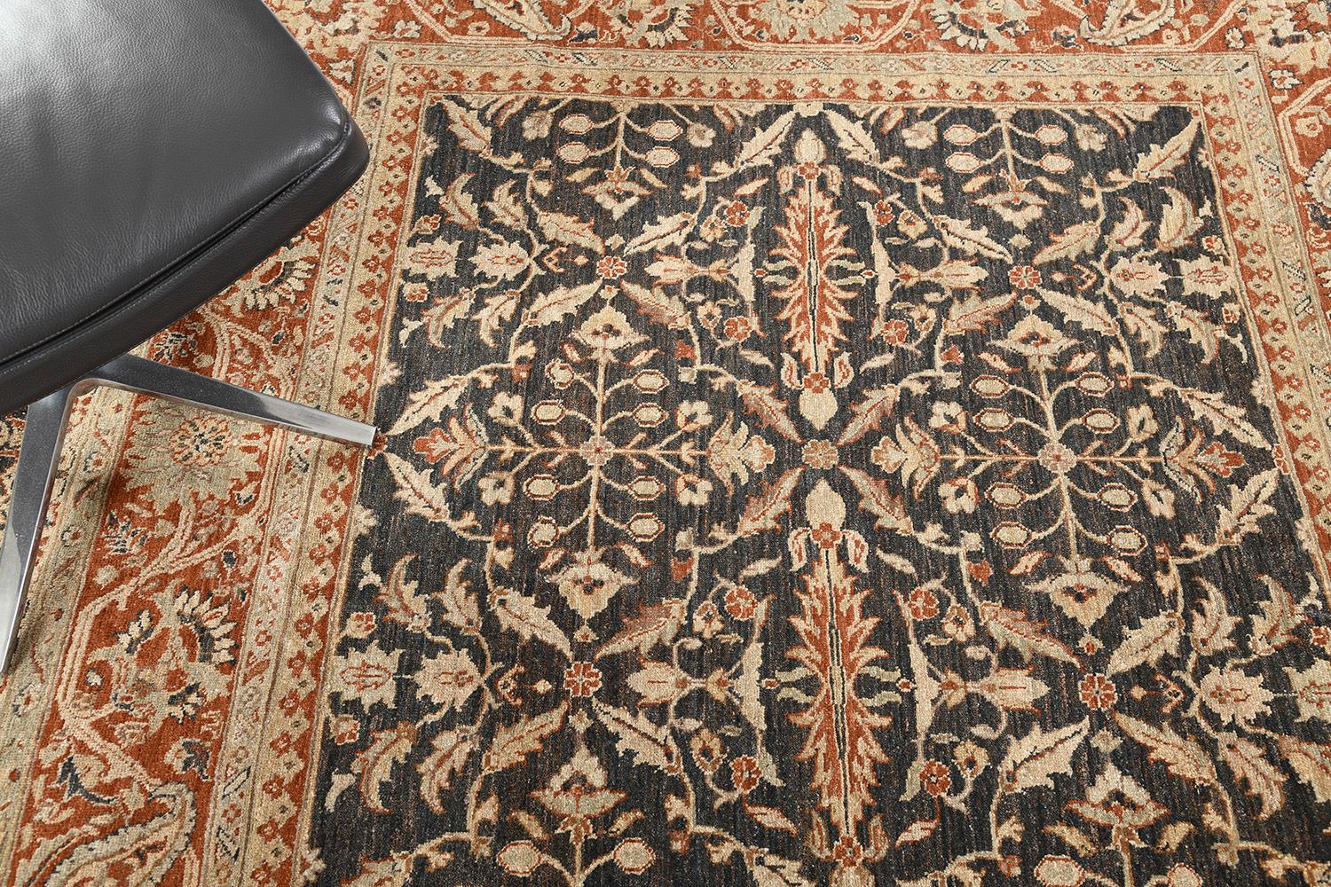 This is a stylish hand-spun wool revival of Amritsar using a vegetable dye. Fashionable florid designs and leafy scrolls are harmoniously contributed to the surrounded symmetrical florets and vines. While the rug dominants a vibrant orange border,