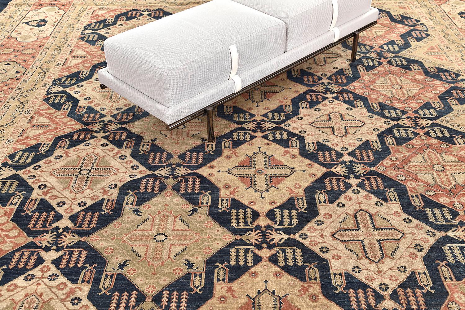 With its geometric design and mesmerizing well-balanced symmetry, this Natural Dye Antique Revival would bring a sense of understated elegance to nearly any space. The abrashed oxford blue field features a repeating design composed of lozenge