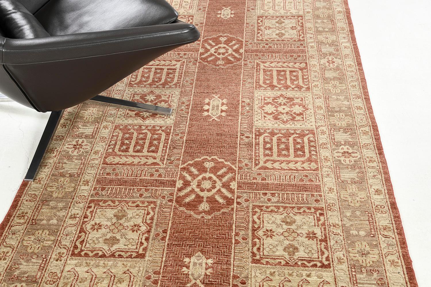 Behold and grab a glance at the charm of the runner from our sought-after re-created collection. Tones of the neutral palette on its core and tan borders have featured the outline details of Persian symbols. Elegant motifs are aligned at the center