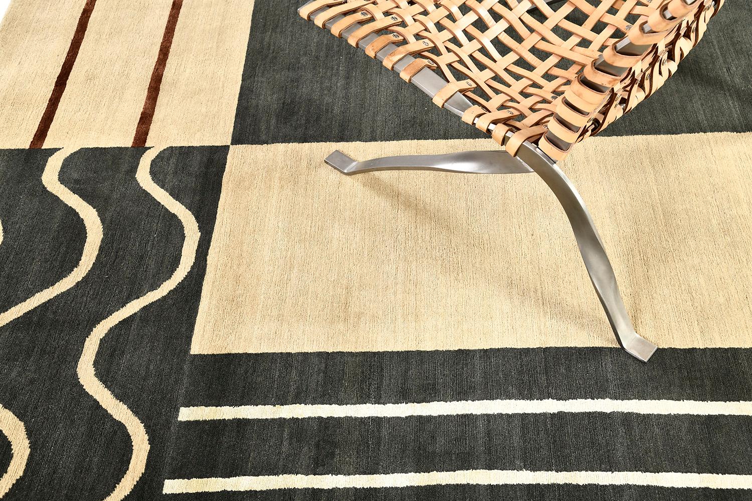 An outstanding creation of Mondrian rug that elegantly establishes exceptional intricacy through a geometric pattern connected by graceful inverted natural schemes. This contemporary rug is in the powerful tones of sand and charcoal with a red
