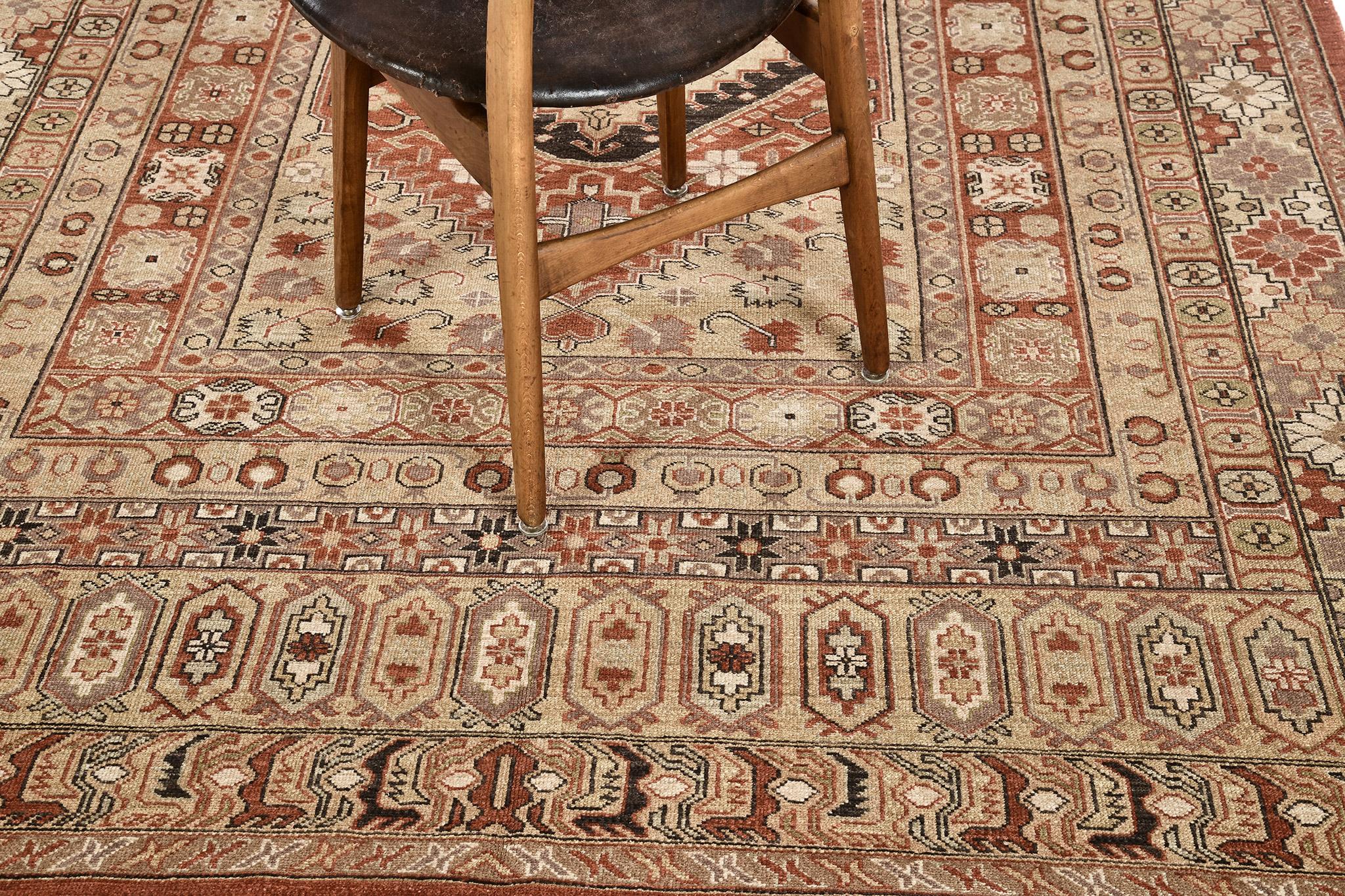 Who wouldn't fall in-love with this Gashgai Style Rug revival? A series of bands runs along the perimeter of the central medallion. Repeated patterns of blooming florettes, rosettes, stars and geometric motifs are gracefully strewn along the