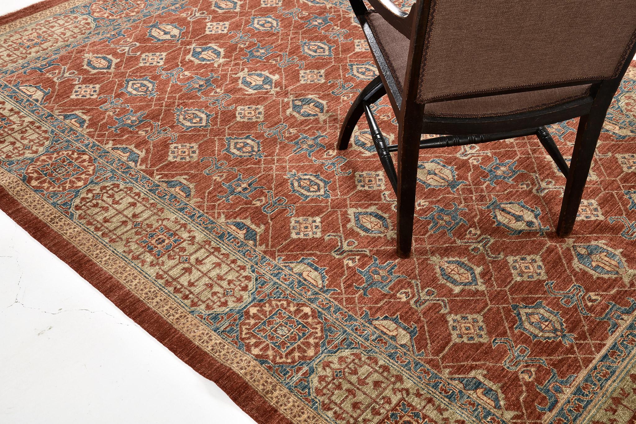 Be amazed with this sophisticated Mamluk Rug from our Bliss Collection that was made using vegetable dye. Rectilinear design is well placed together with sets of medallions and emblems within its red field. Main borders are symmetrically arranged
