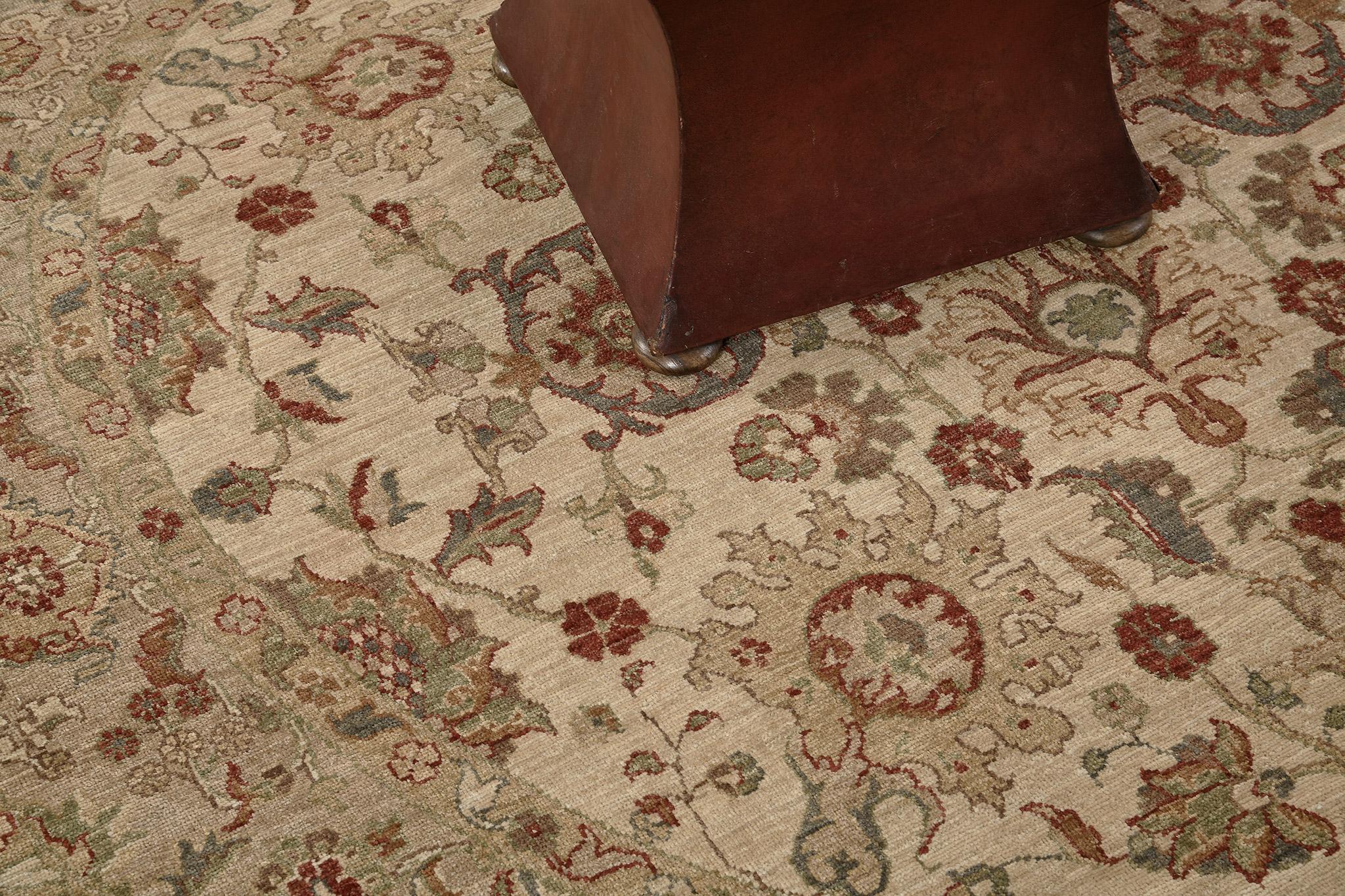 Series of magical vines and florid ornaments are reflected through brilliant embellishments to blooming and calming neutral fields. The borders are beautifully hand-woven that created from a vegetable dye to form an elegant Round Rug. Truly a Divine