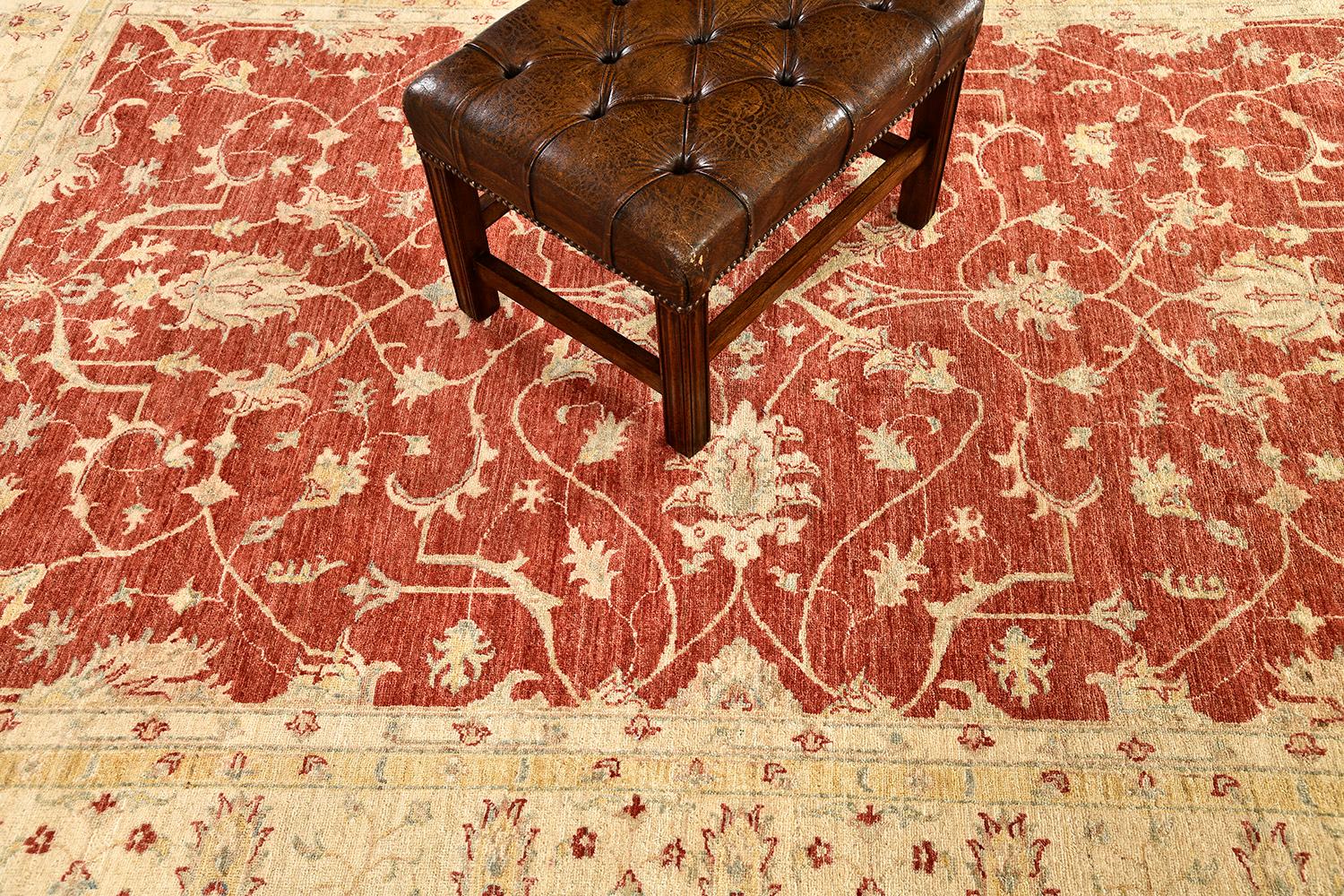Series of medallions and florid ornaments are reflected through gold embellishments to blooming and dazzling dusty red fields. The borders are beautifully hand-woven that created from a vegetable dye to form an amazing Sultanabad Design Rug. Truly a