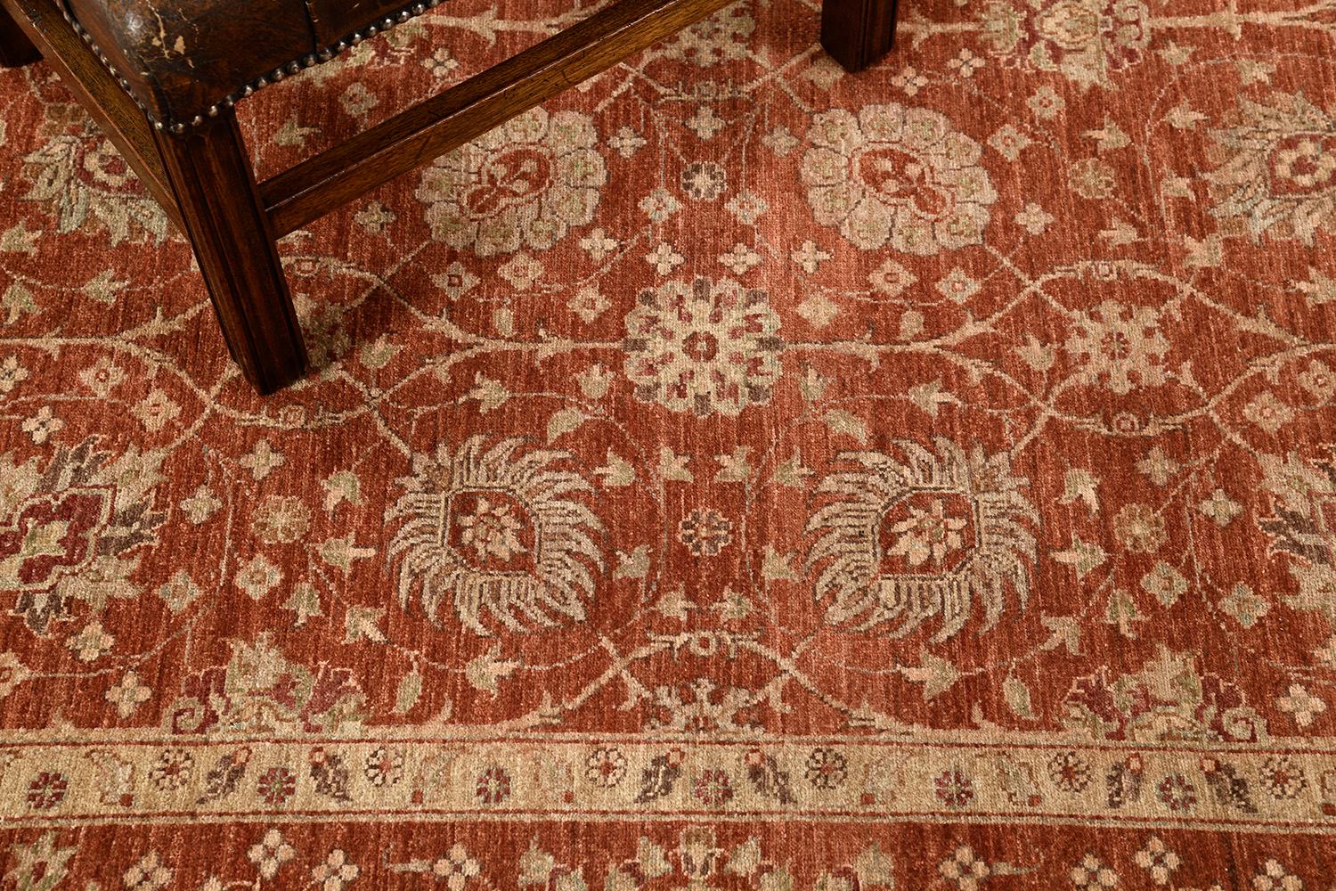 Series of symbolic motifs and ornaments are reflected through neutral tones of embellishments to telling a historical event in the terracotta field. The borders are beautifully hand-woven that created from a vegetable dye to form an elegant Persian