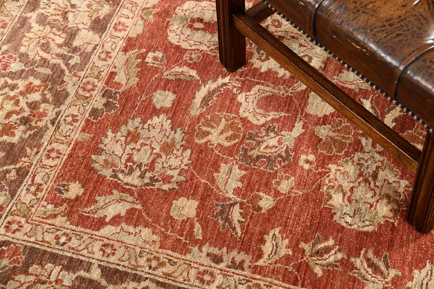 Series of symbolic motifs and ornaments are reflected through neutral tones of embellishments to telling a historical event in the vibrant red field. The borders are beautifully hand-woven that created from a vegetable dye to form an elegant Persian