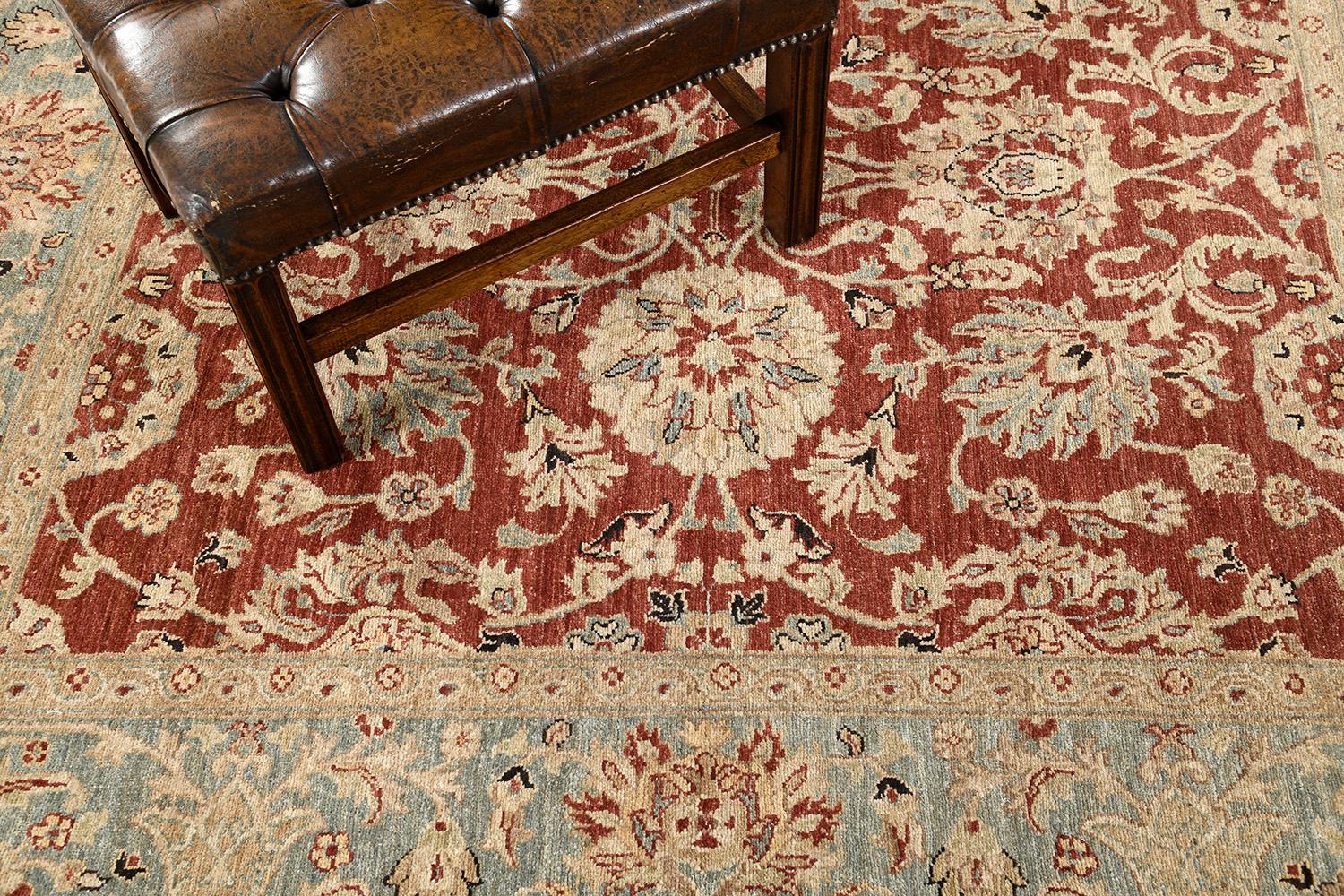 Series of medallions and florid ornaments are reflected through gold embellishments to blooming and vibrant red fields. The borders are beautifully hand-woven that created from a vegetable dye to form an elegant Sultanabad Rug. Truly a divine