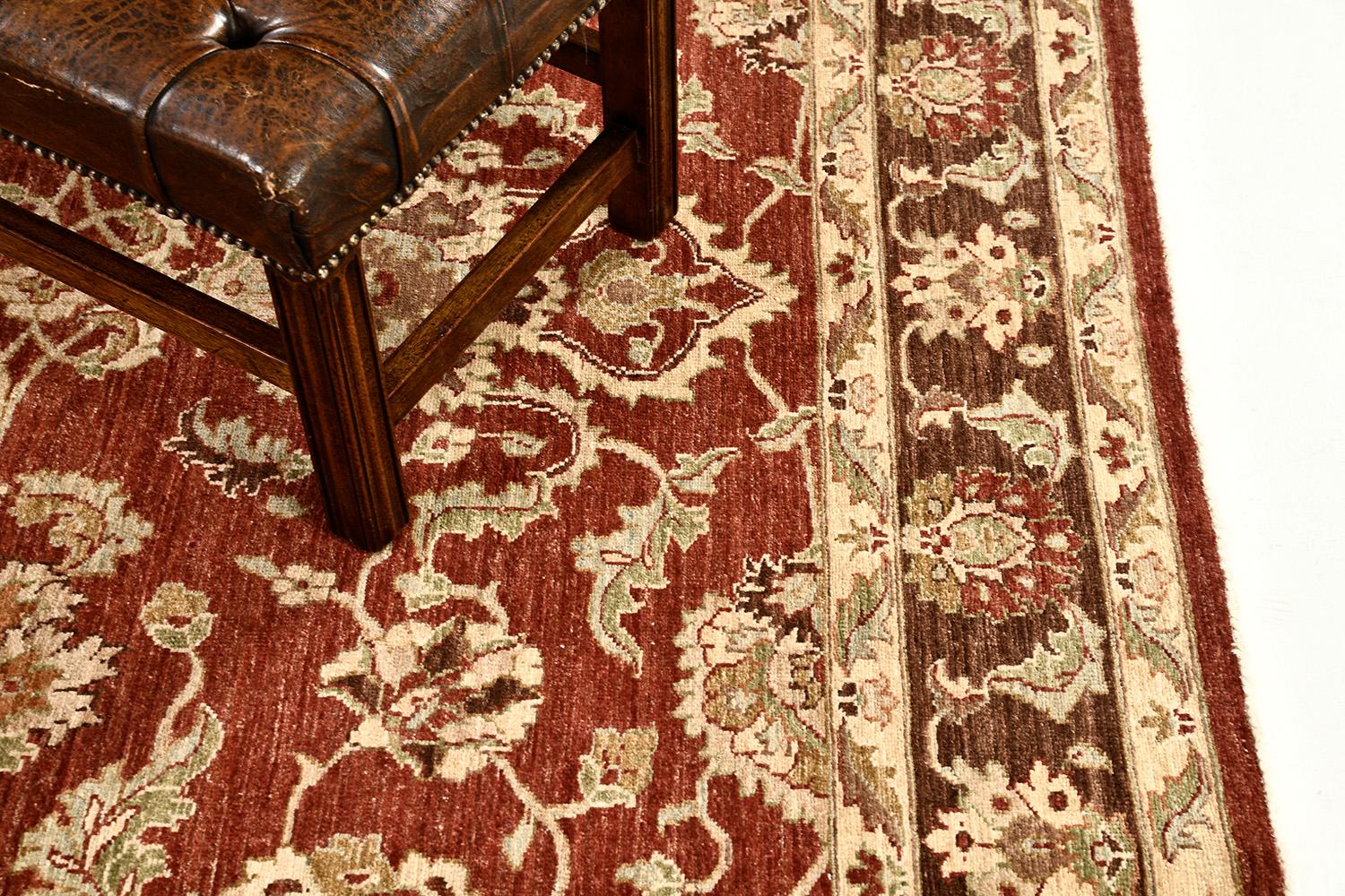 Series of medallions and florid ornaments are reflected through gold embellishments to blooming and vibrant red fields. The borders are beautifully hand-woven that created from a vegetable dye to form an elegant Sultanabad Rug. Truly a divine