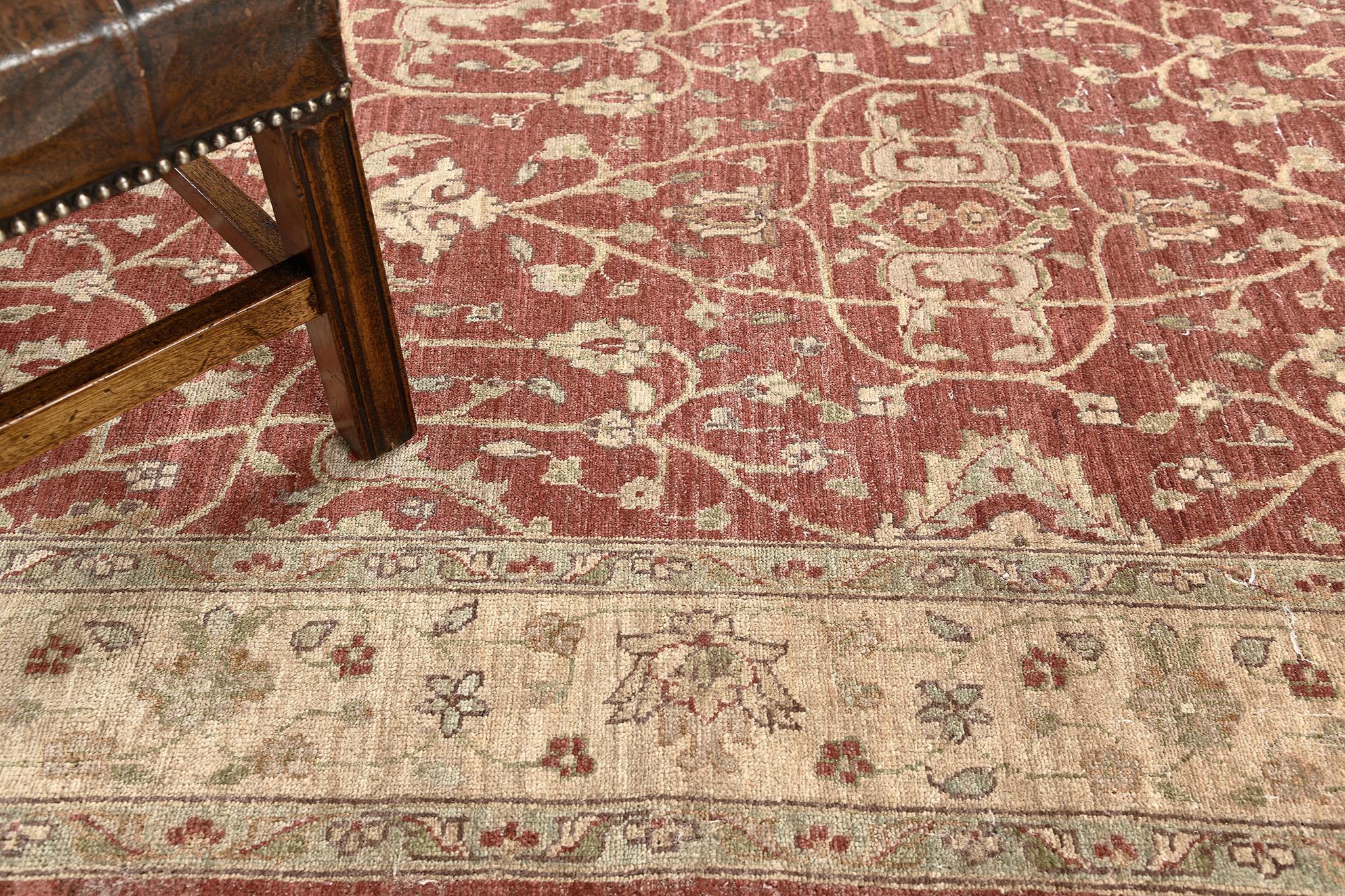 Beautiful florid adornments are expressed through gold embellishments to blooming and fascinating dusty red fields. The borders are beautifully hand-woven that created from a vegetable dye to form an elegant Zigler Runner. Truly an extraordinary