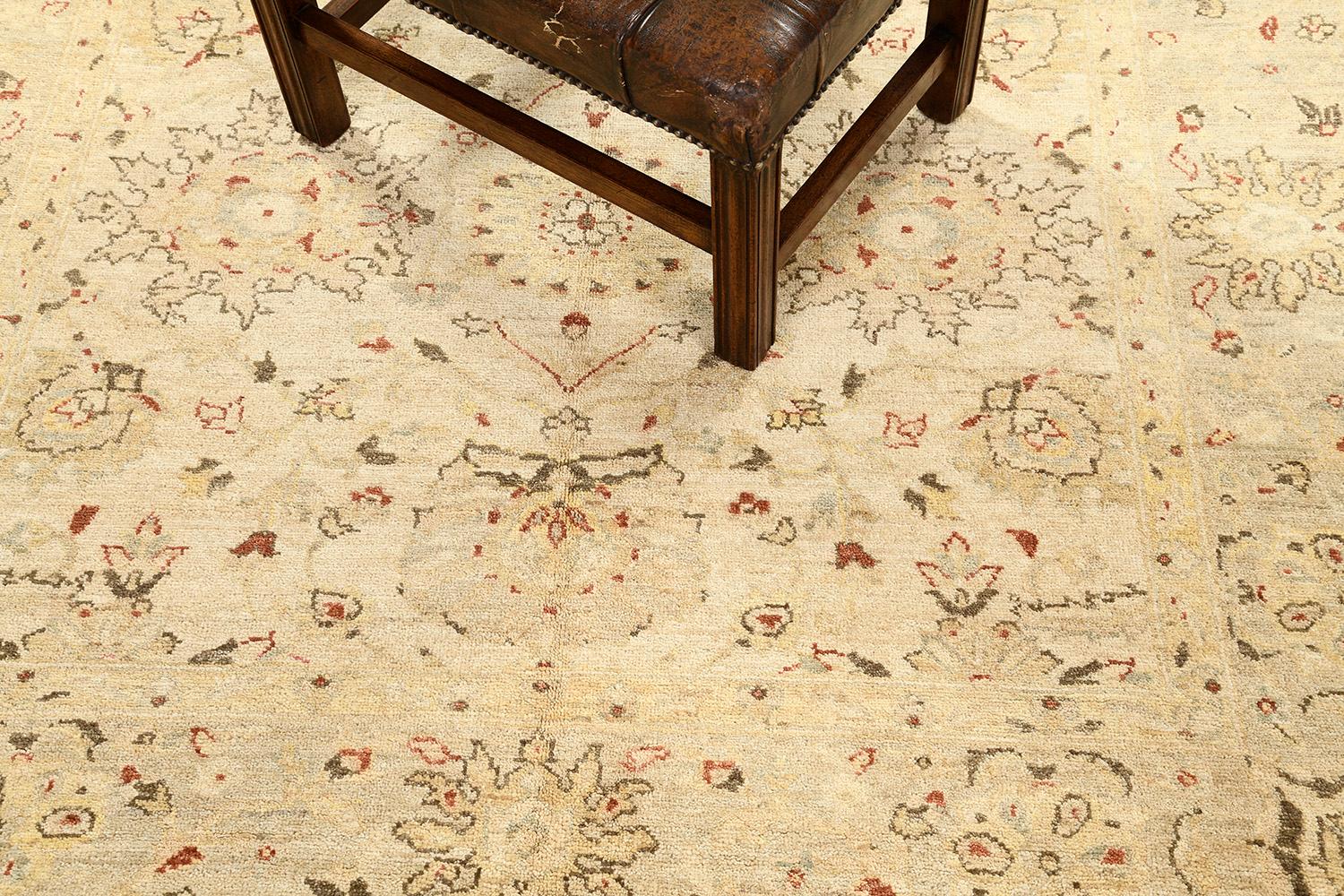 Wonderful vines and florid adornments are expressed through neutral embellishments to blooming and fascinating oatmeal fields. The borders are beautifully woven that created vigorously to form an elegant Zigler Rug. Truly an extraordinary creation