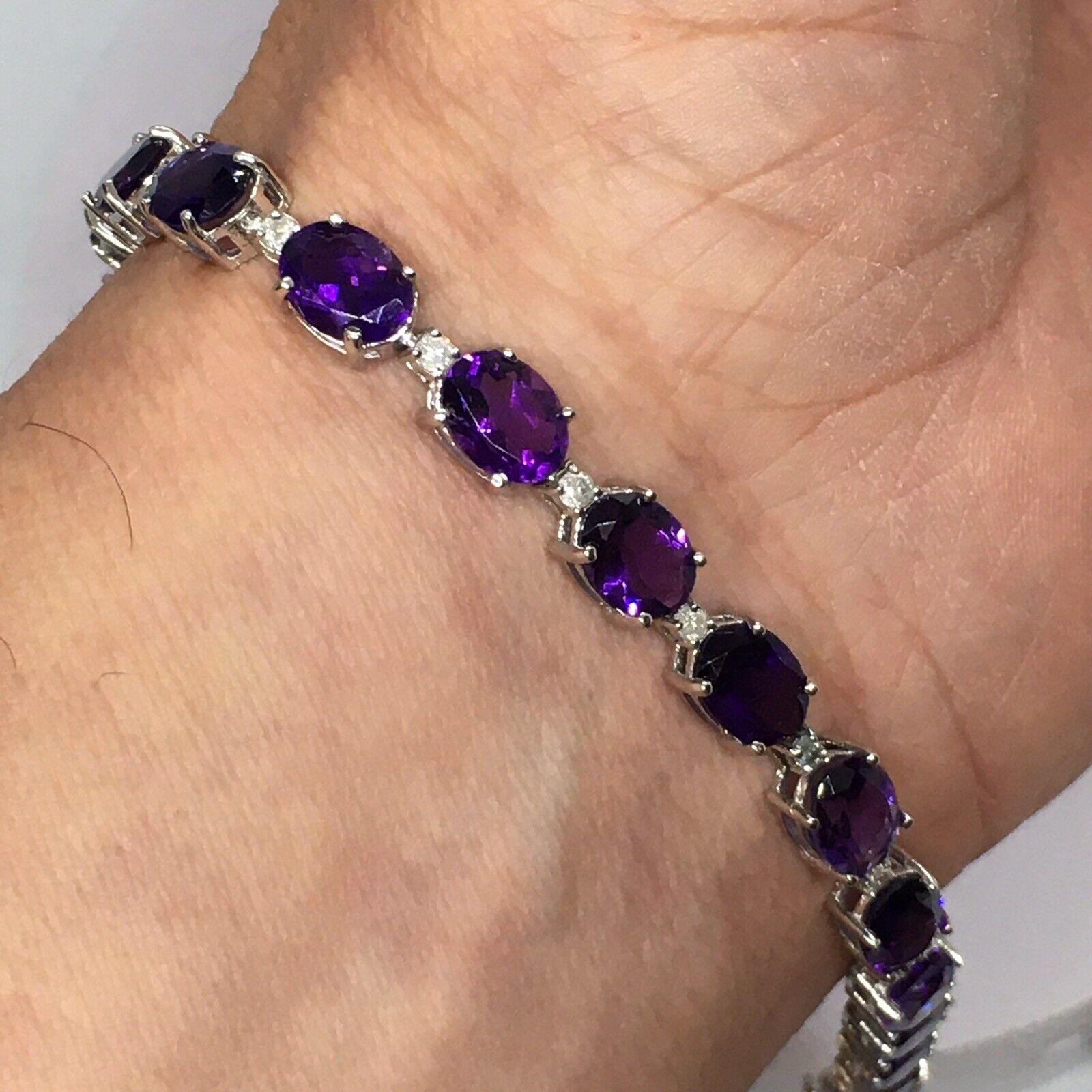 Oval Cut Natural Earth Mind Amethyst Diamond Bracelet 14k White Gold New For Sale