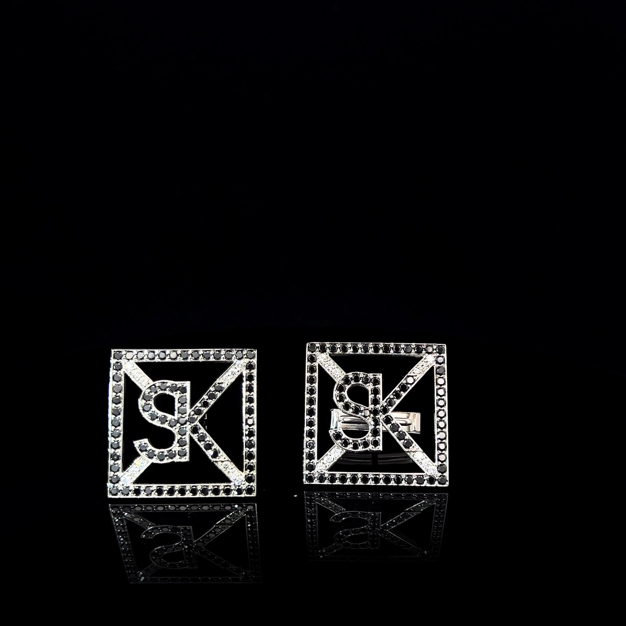 Maßgefertigte quadratische Manschettenknöpfe, Alphabet Schwarzer Diamant Weißgold im Angebot