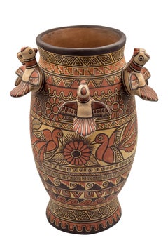 Natural Earth Tone Vessel Vase Pre-Hispanic Birds Flowers Clay Ceramic Folk Art