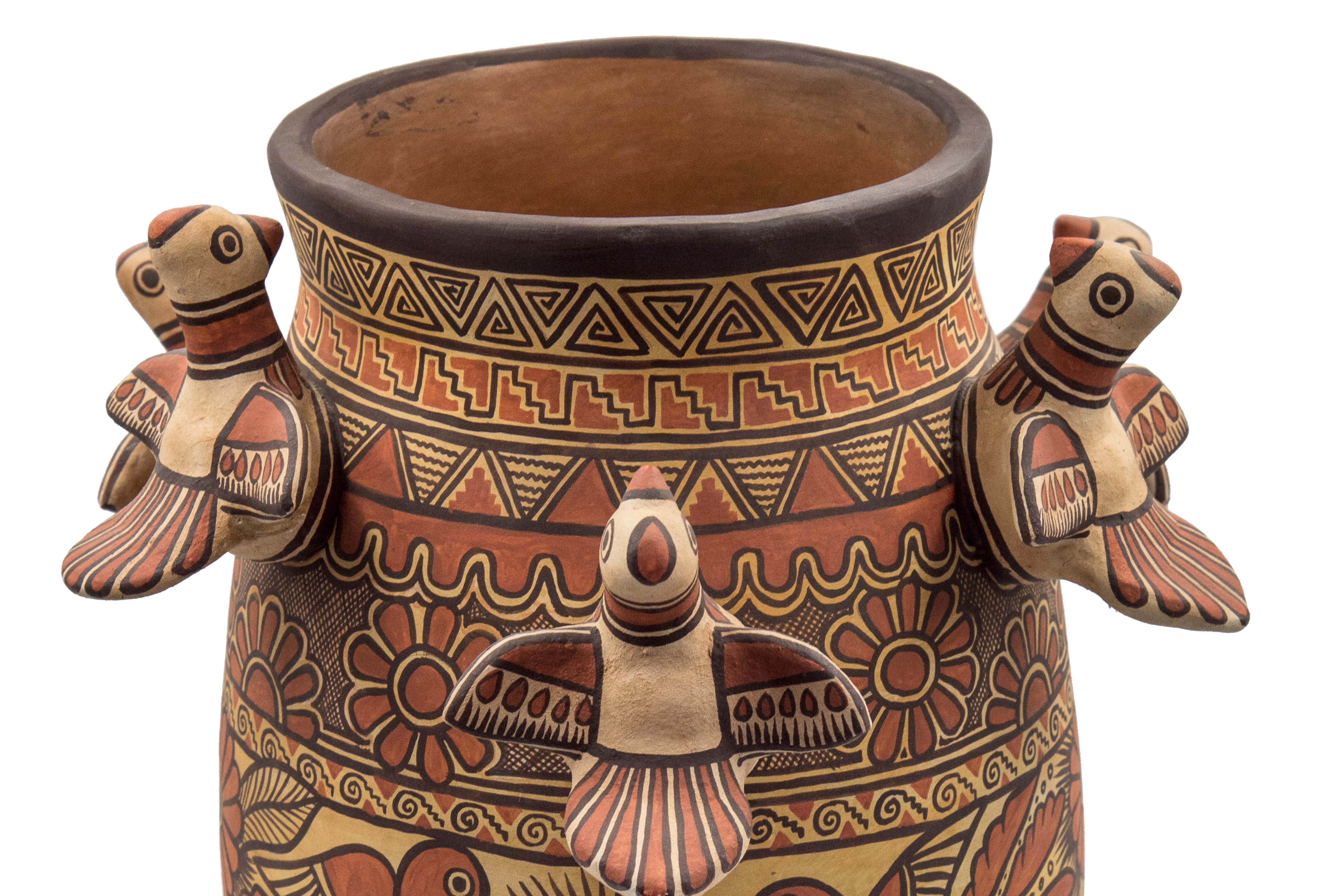 Mexican Natural Earth Tone Vessel Vase Pre-Hispanic Birds Flowers Clay Ceramic Folk Art
