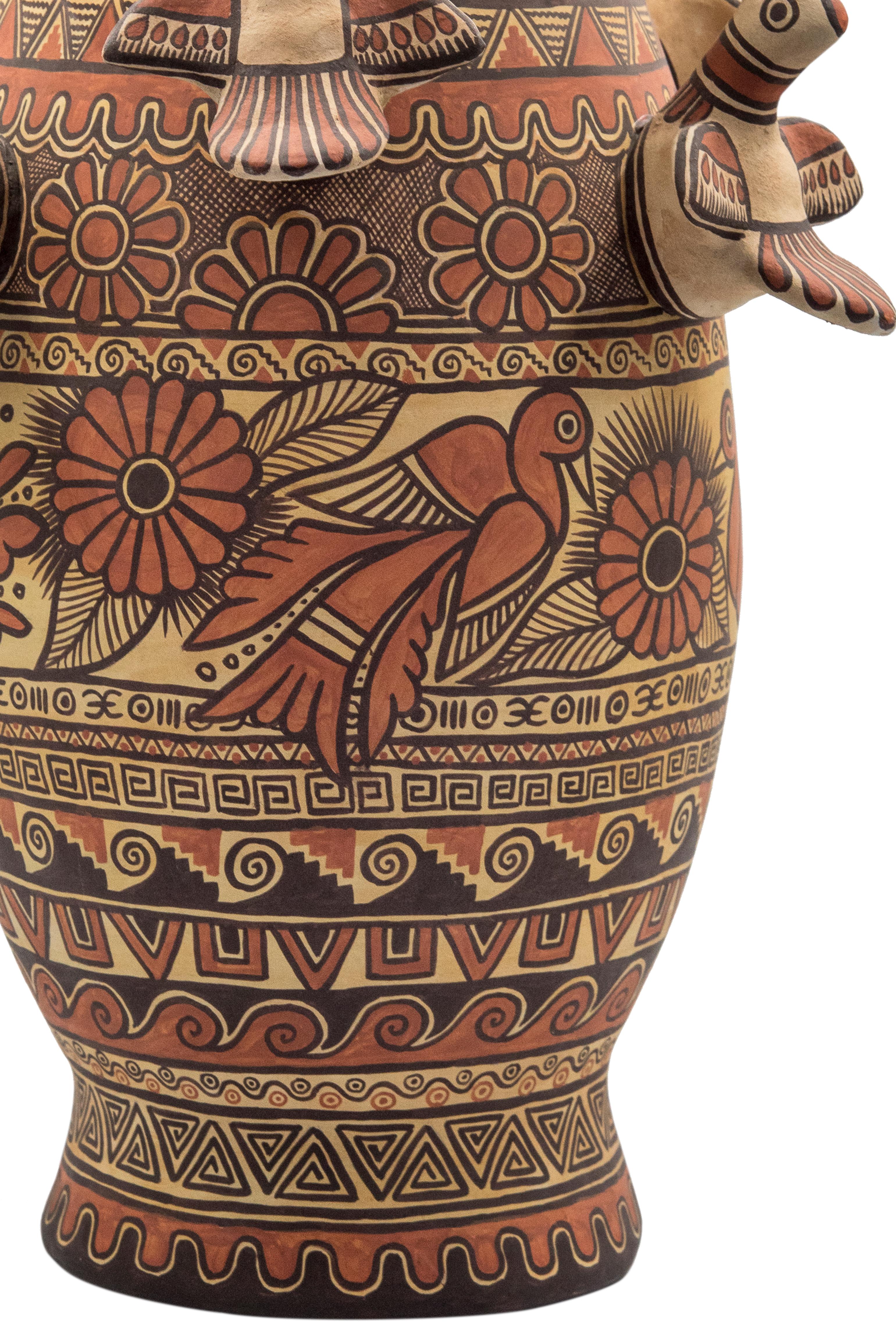 Hand-Painted Natural Earth Tone Vessel Vase Pre-Hispanic Birds Flowers Clay Ceramic Folk Art