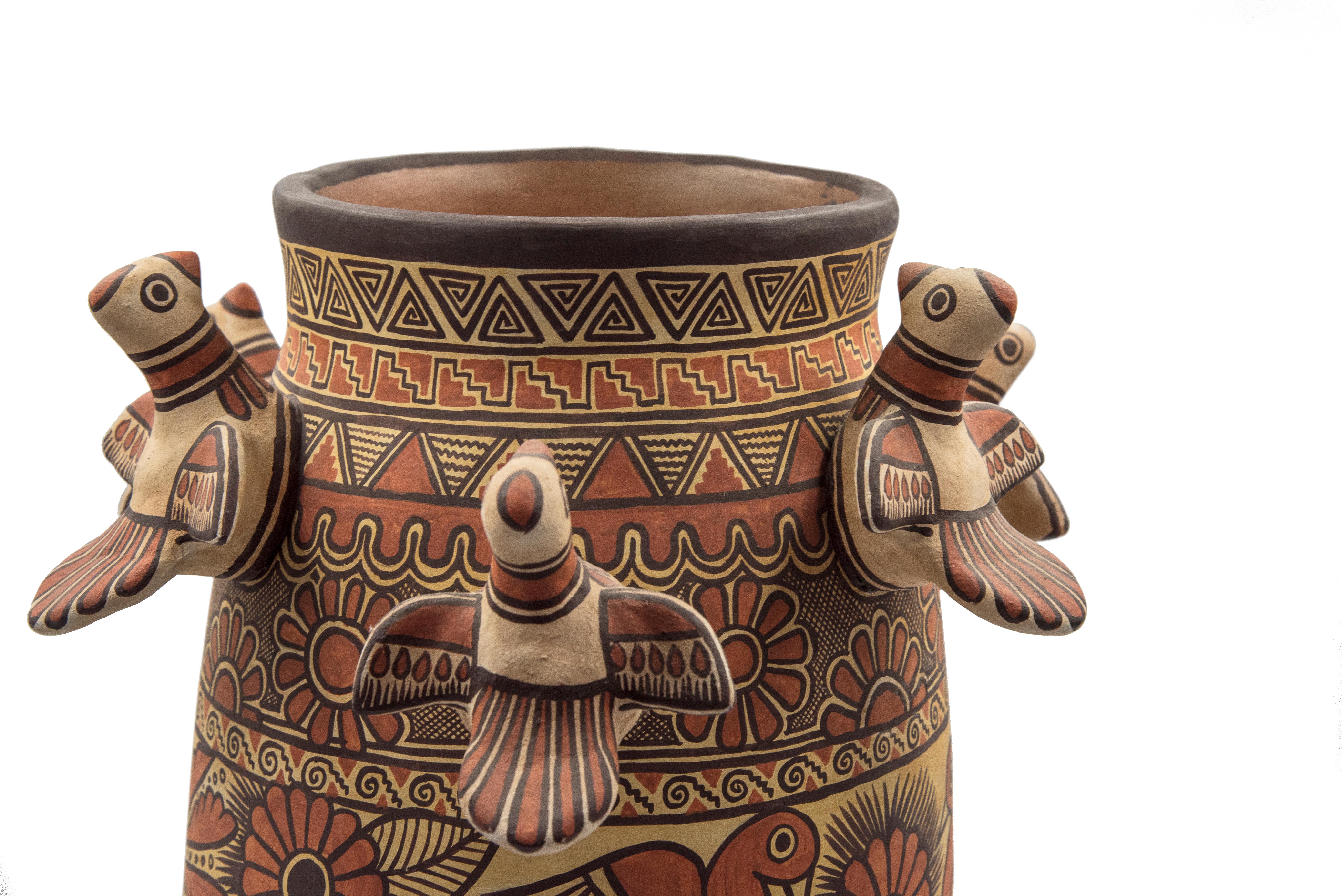 Natural Earth Tone Vessel Vase Pre-Hispanic Birds Flowers Clay Ceramic Folk Art In New Condition In Queretaro, Queretaro