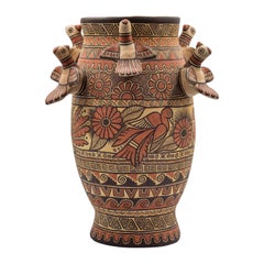 Natural Earth Tone Vessel Vase Pre-Hispanic Birds Flowers Clay Ceramic Folk Art
