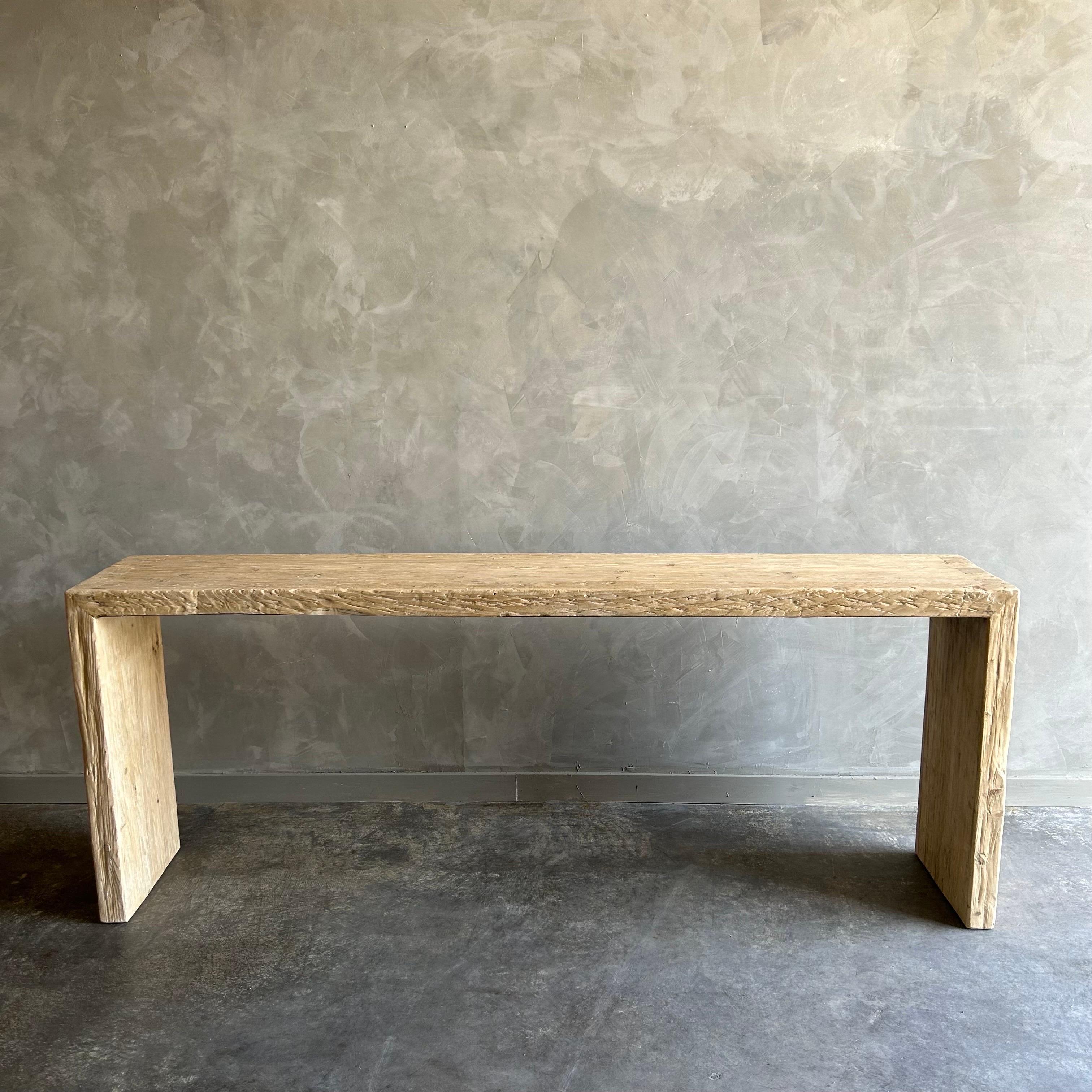 Natural Elm Wood Reclaimed Waterfall Style Console Table In Good Condition In Brea, CA