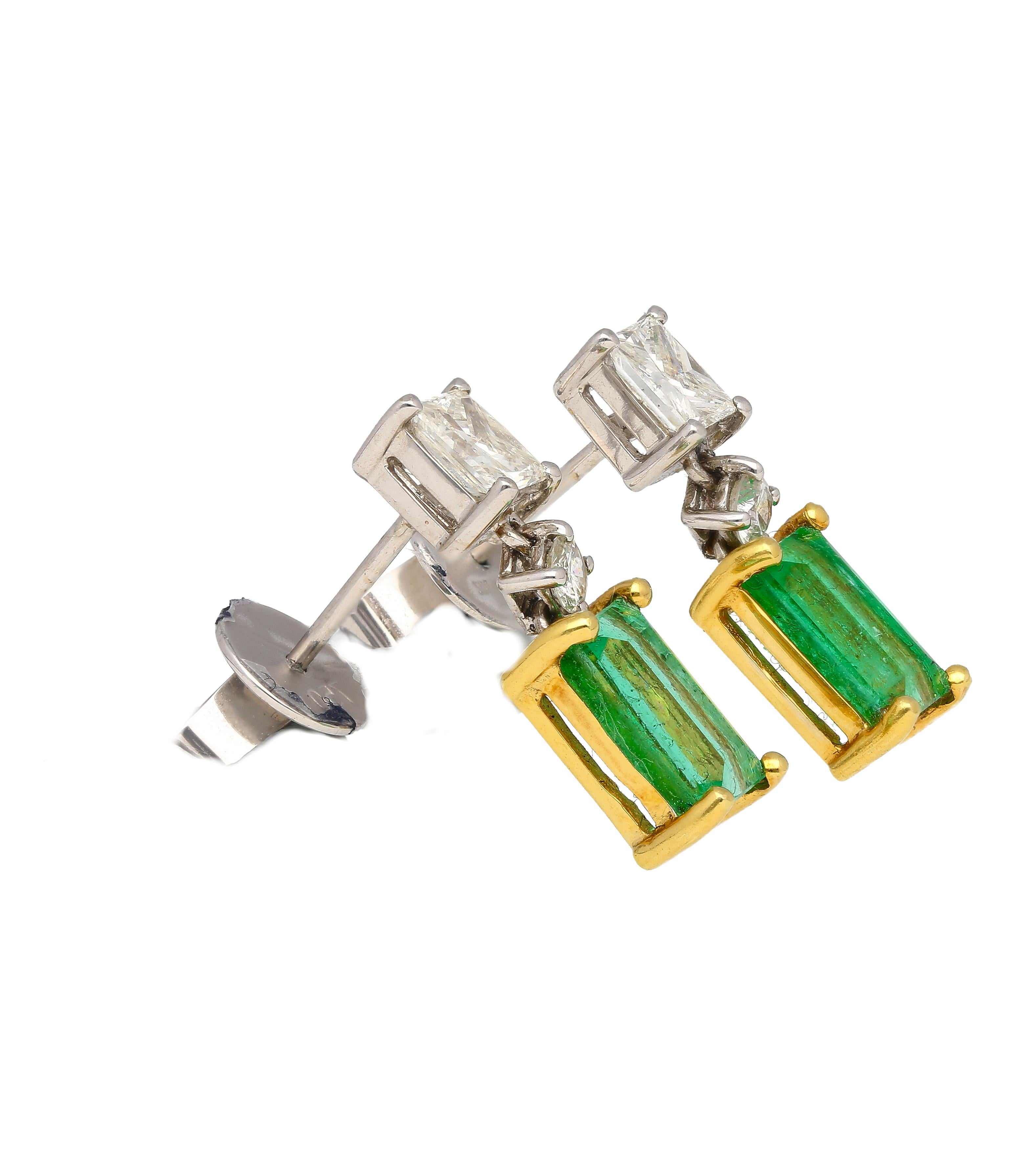 Art Deco Natural Elongated Emerald and Diamond Drop Earrings in 18K Gold For Sale