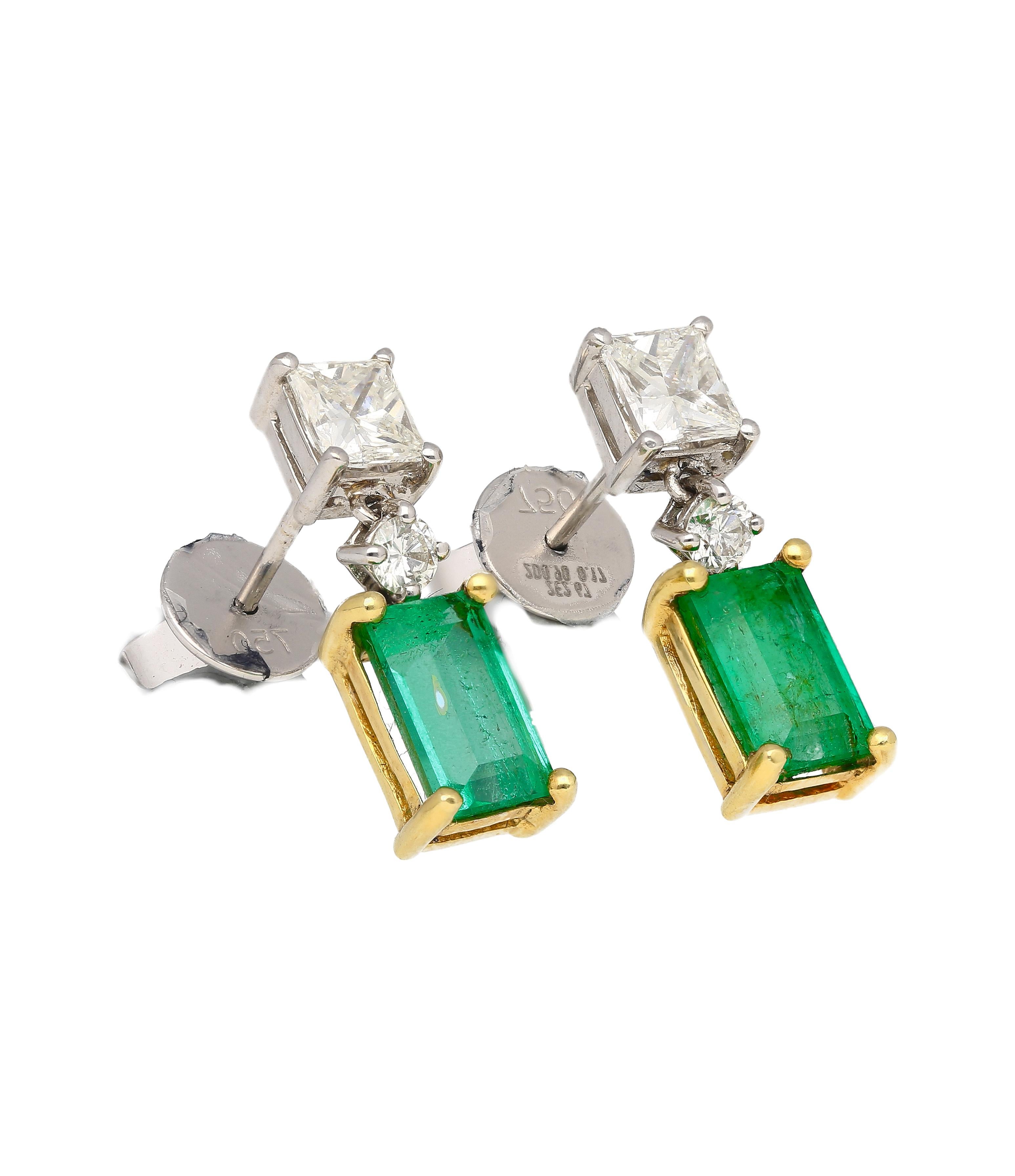 Emerald Cut Natural Elongated Emerald and Diamond Drop Earrings in 18K Gold For Sale