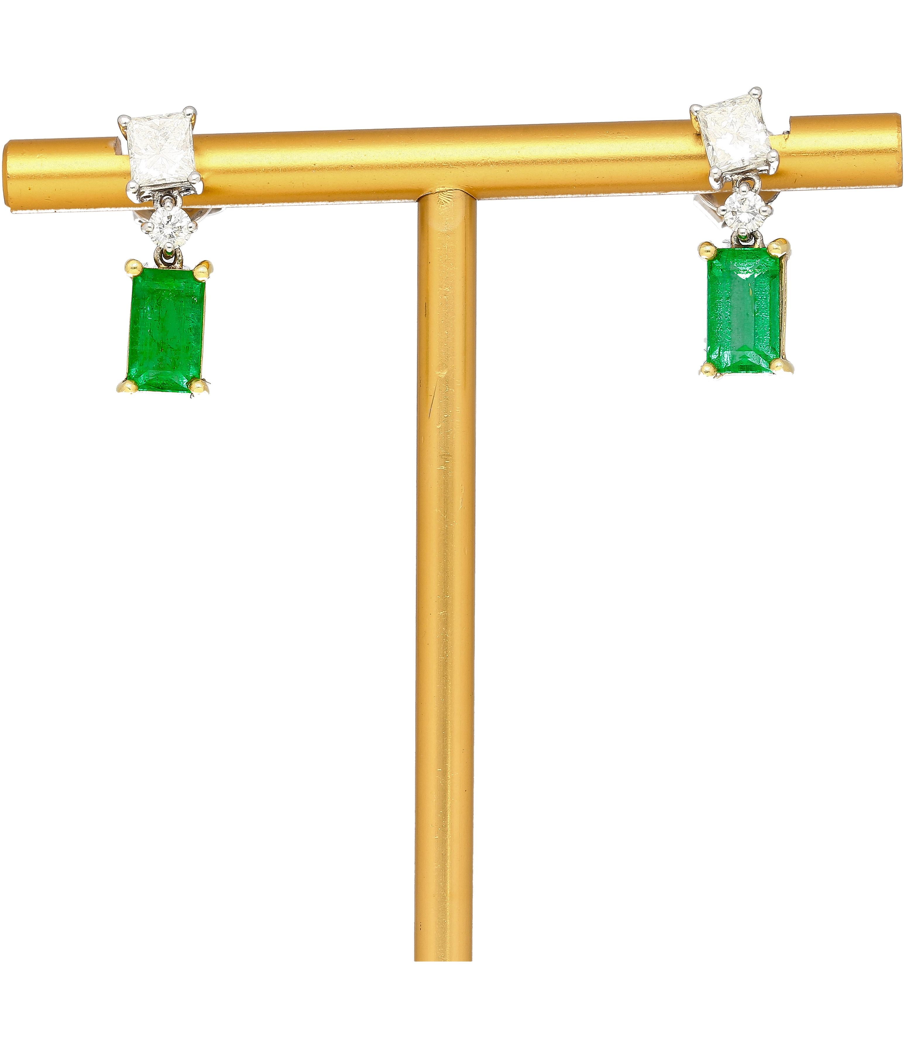 Women's Natural Elongated Emerald and Diamond Drop Earrings in 18K Gold For Sale