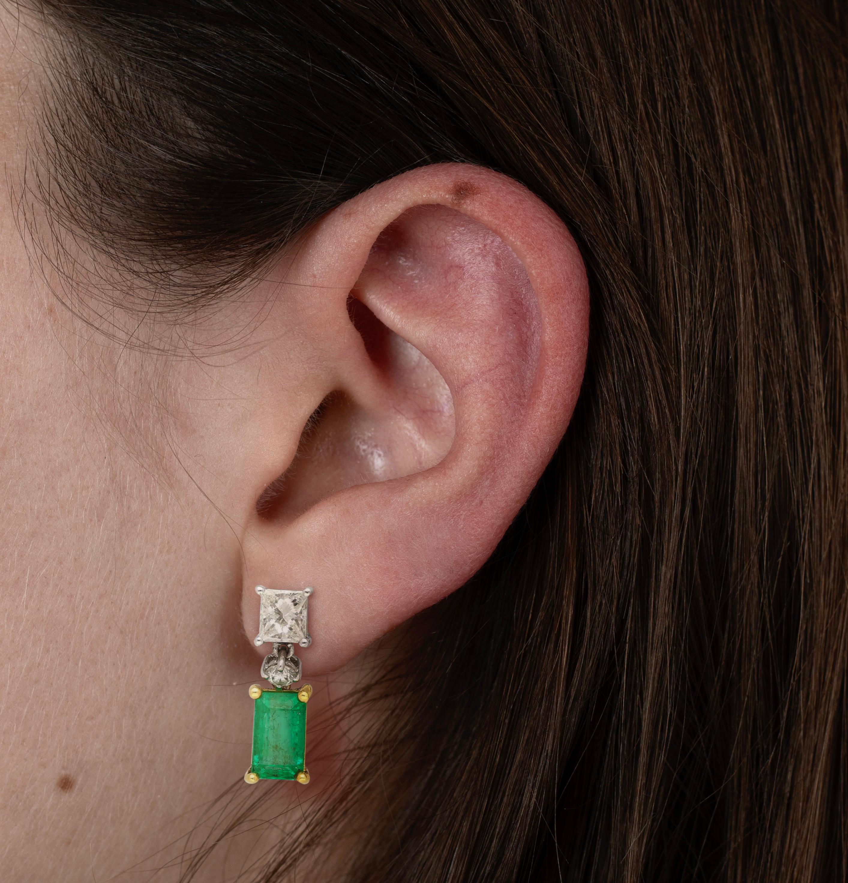 Natural Elongated Emerald and Diamond Drop Earrings in 18K Gold For Sale 2