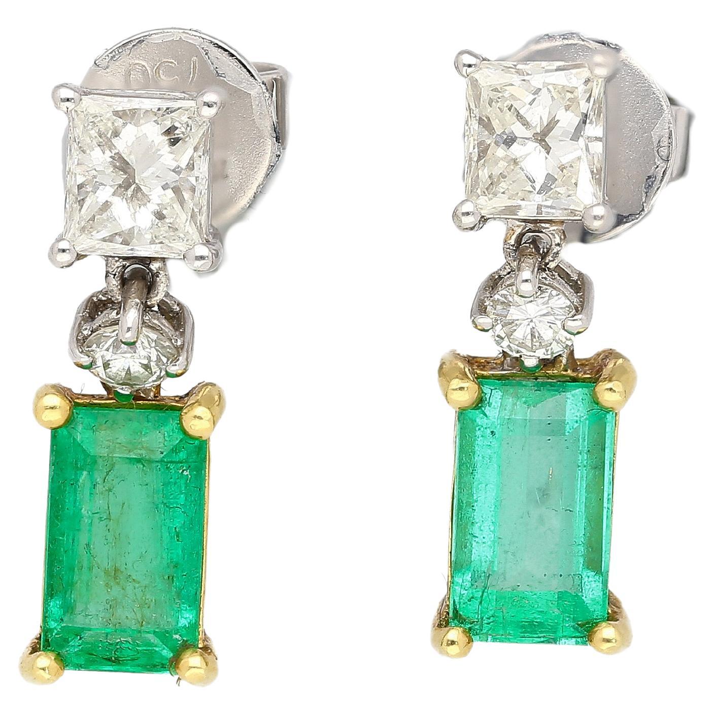 Natural Elongated Emerald and Diamond Drop Earrings in 18K Gold For Sale
