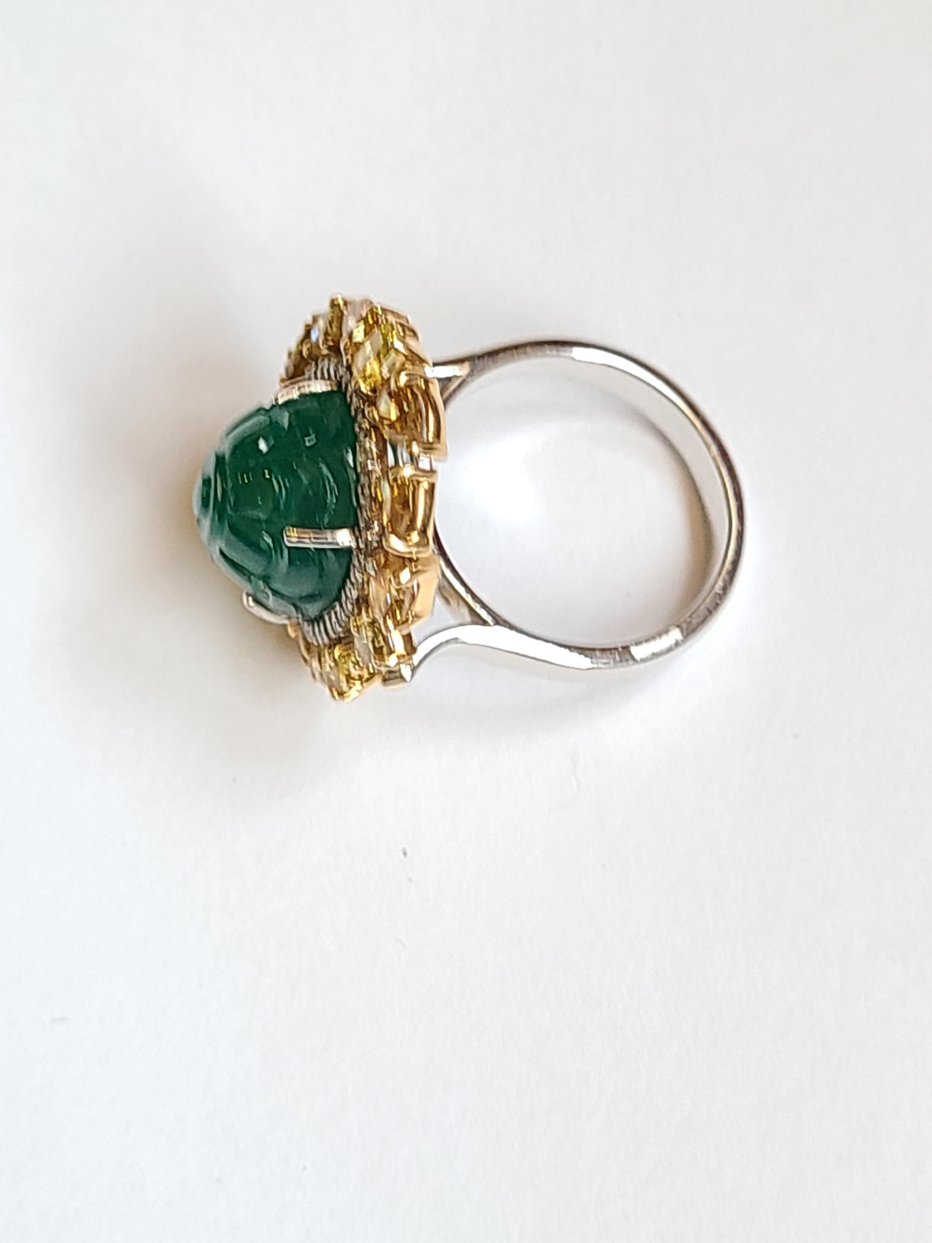 Women's or Men's Natural Emerald 10.20 Carat Ring Set in 18 Karat Gold with Fancy Color Diamond
