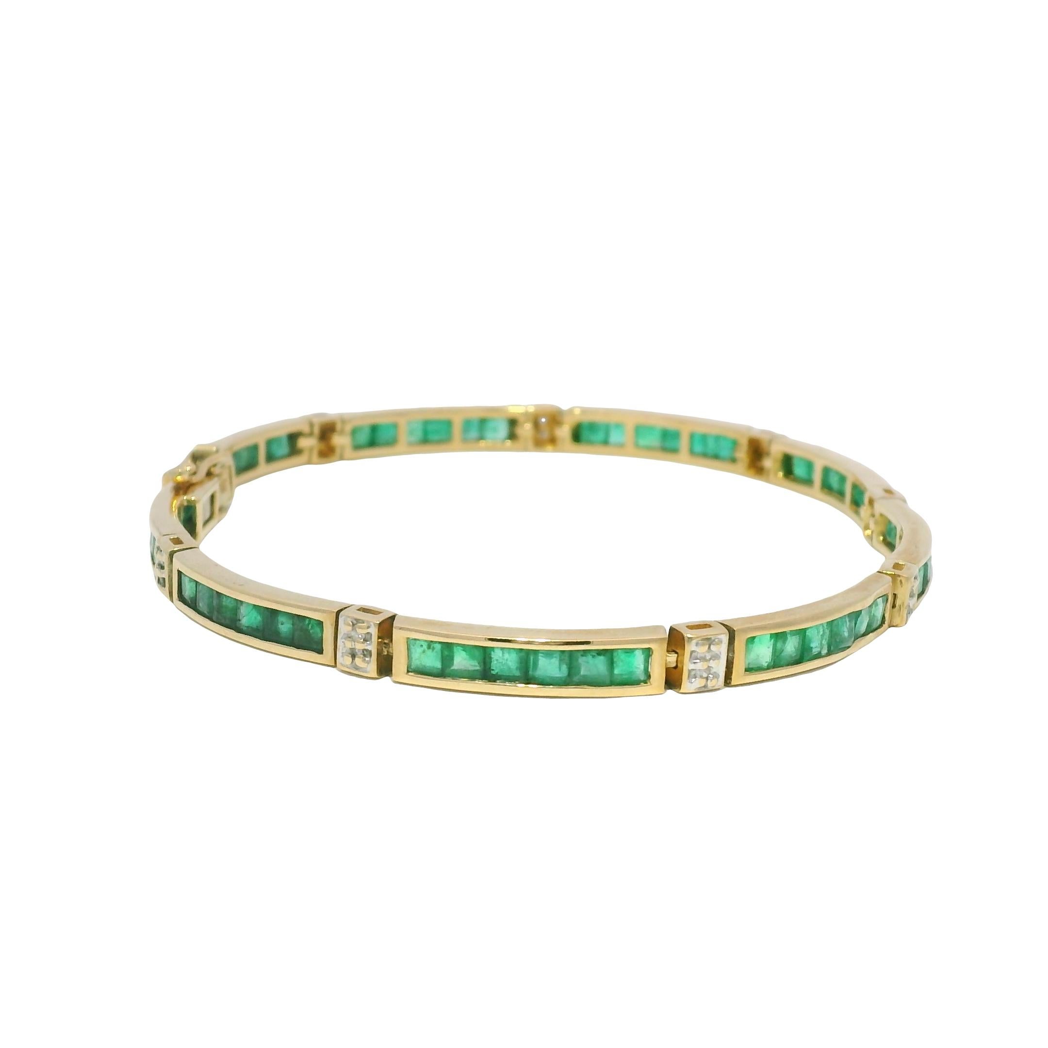 Square Cut Natural Emerald 14-Karat Channel Set Station Bracelet In Stock For Sale