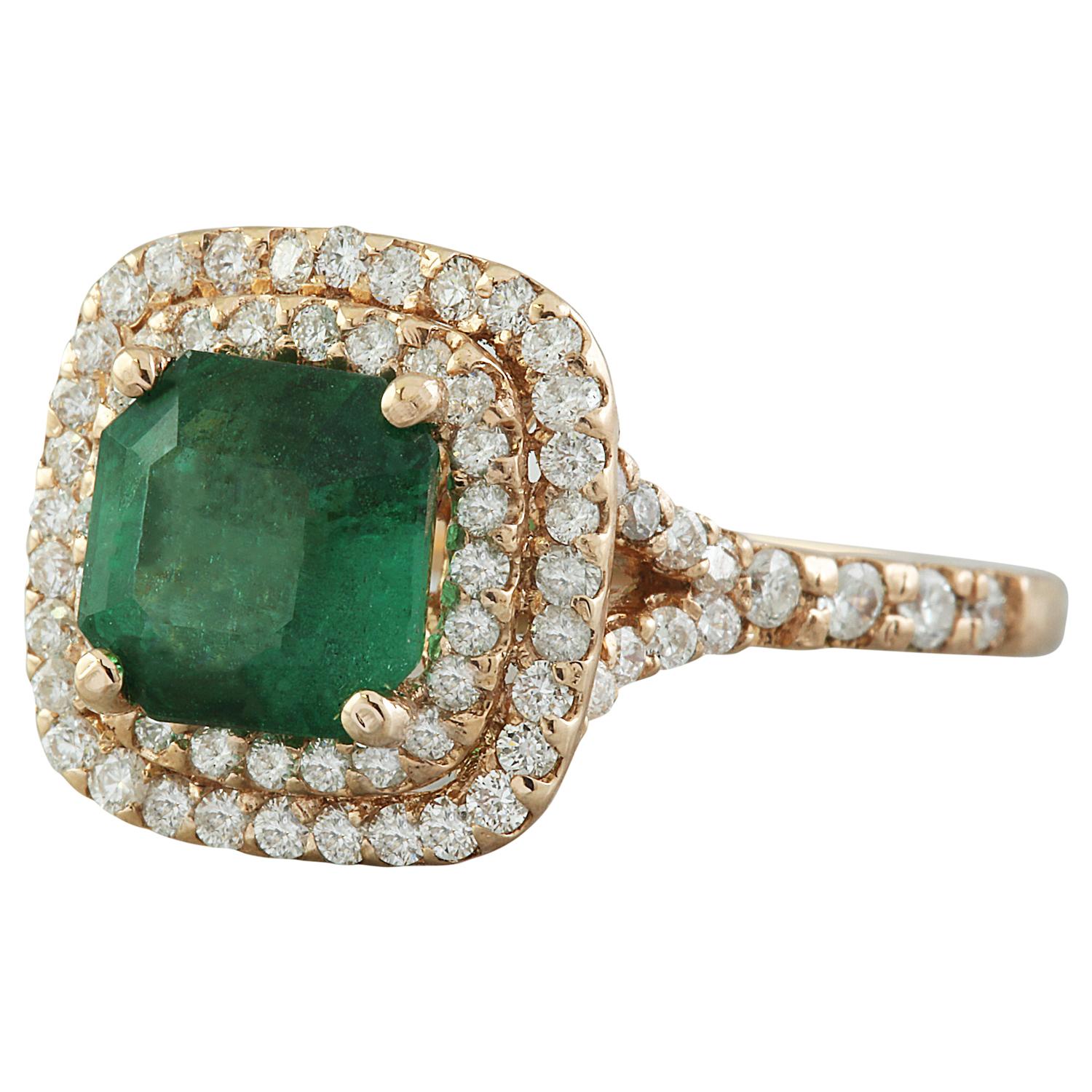 2.25 Carat Natural Emerald 14 Karat Solid Rose Gold Diamond Ring
Stamped: 14K
Total Ring Weight: 3.4 Grams 
Emerald Weight 1.45 Carat (7.00x7.00 Millimeters)
Diamond Weight: 0.80 carat (F-G Color, VS2-SI1 Clarity )
Face Measures: 12.15x11.95 