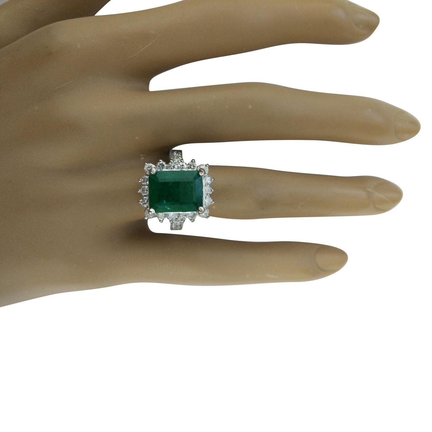 5.03 Carat Natural Emerald 14 Karat Solid White Gold Diamond Ring
Stamped: 14K
Total Ring Weight: 6.3 Grams 
Emerald Weight: 4.03 Carat (11.00x9.00 Millimeters)  
Diamond Weight: 1.00 Carat (F-G Color, VS2-SI1 Clarity)
Quantity: 26
Face Measures: