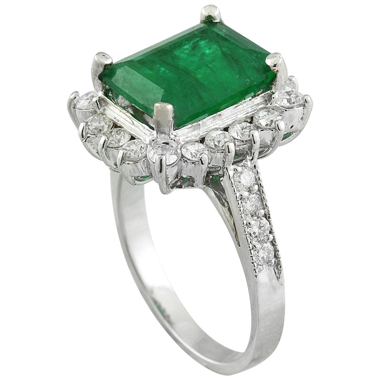 Emerald Cut Natural Emerald Diamond Ring In 14 Karat Solid White Gold  For Sale