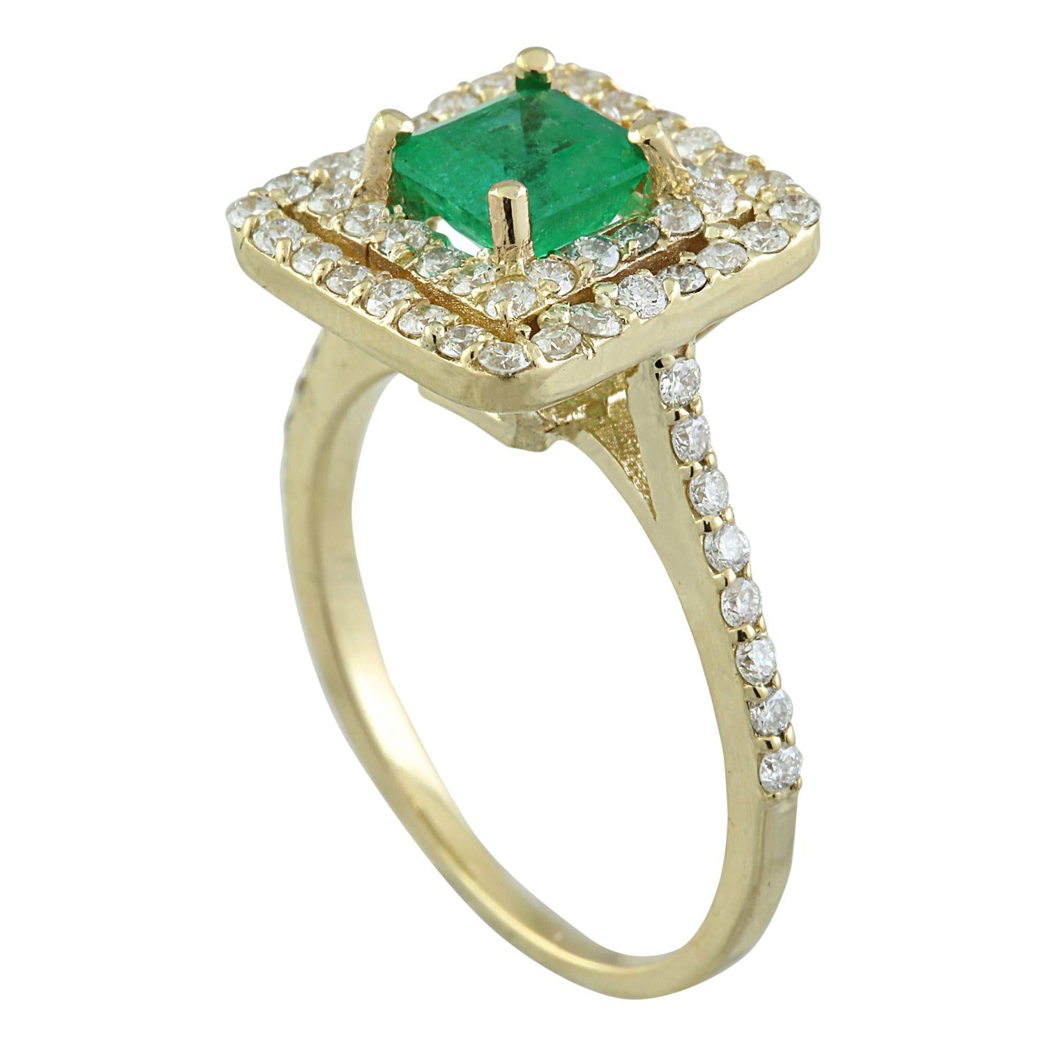 Emerald Cut Natural Emerald 14 Karat Solid Yellow Gold Diamond Ring For Sale