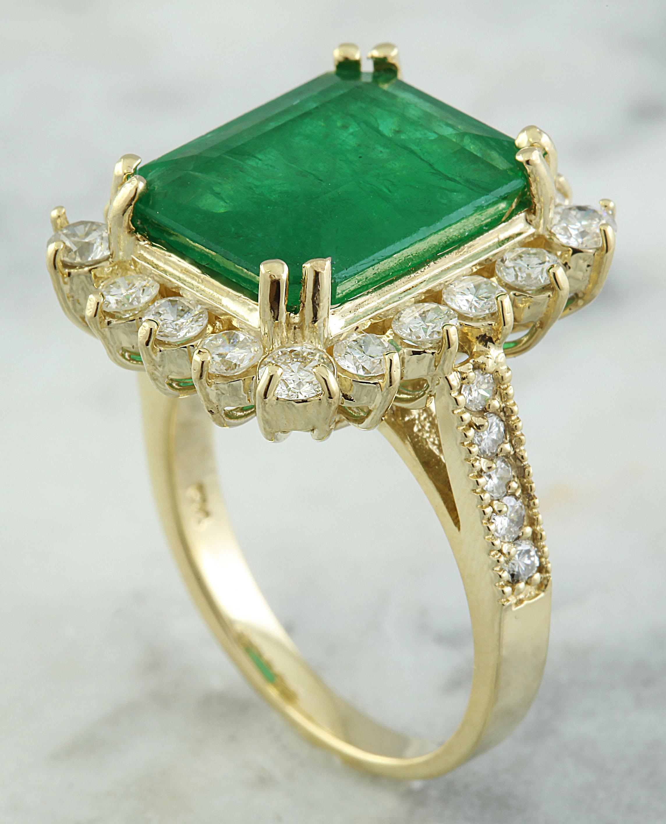 Emerald Cut Natural Emerald 14 Karat Solid Yellow Gold Diamond Ring For Sale