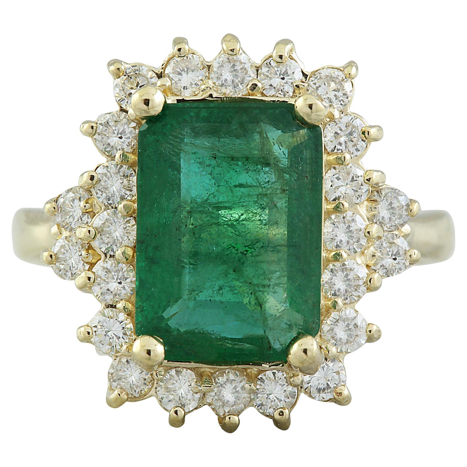 Natural Emerald 14 Karat Solid Yellow Gold Diamond Ring For Sale