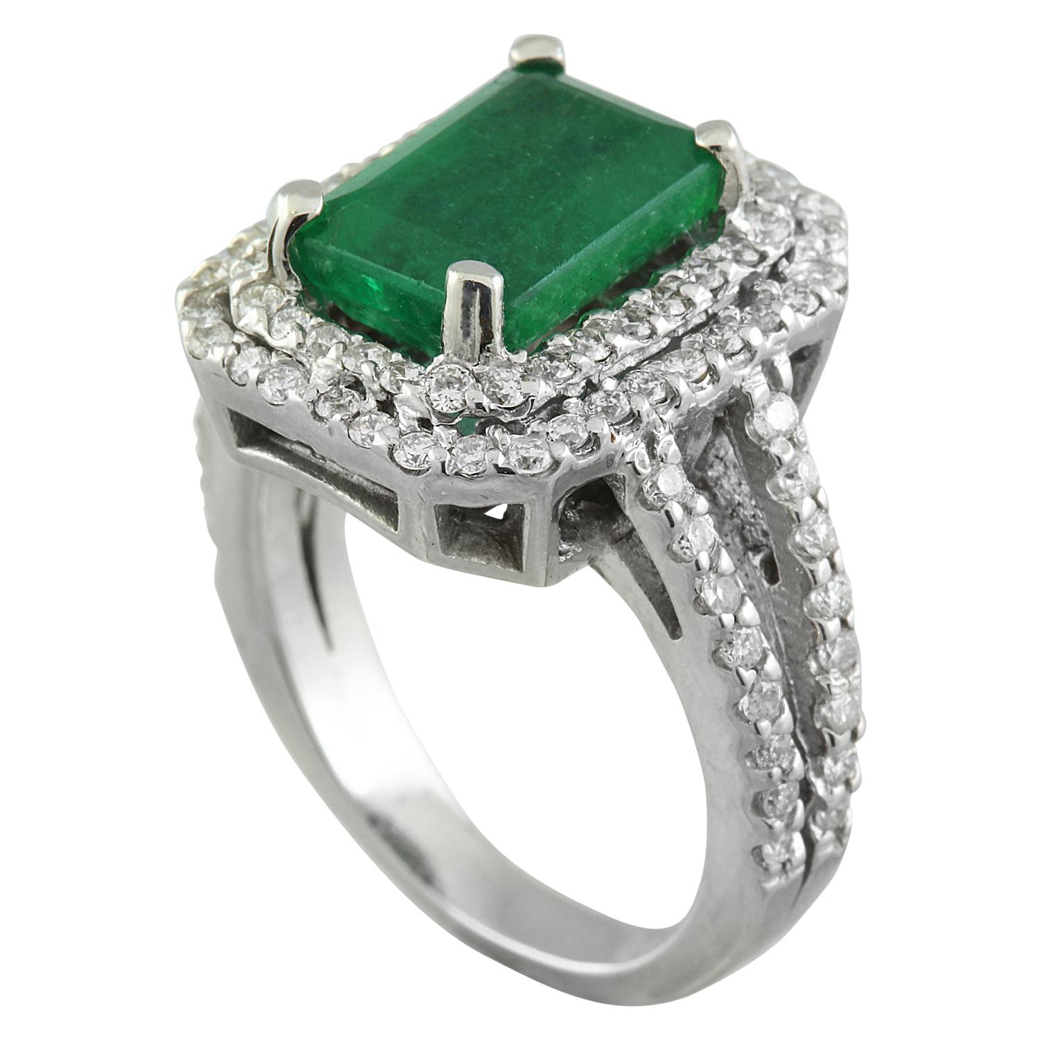 4.50 Carat Natural Emerald 14 Karat Solid White Gold Diamond Ring
Stamped: 14K 
Ring Size: 7 
Total Ring Weight: 7.7 Grams 
Emerald Weight: 3.35 Carat (9.00x7.00 Millimeters)  
Diamond Weight: 1.15 Carat (F-G Color, VS2-SI1 Clarity) 
Quantity: