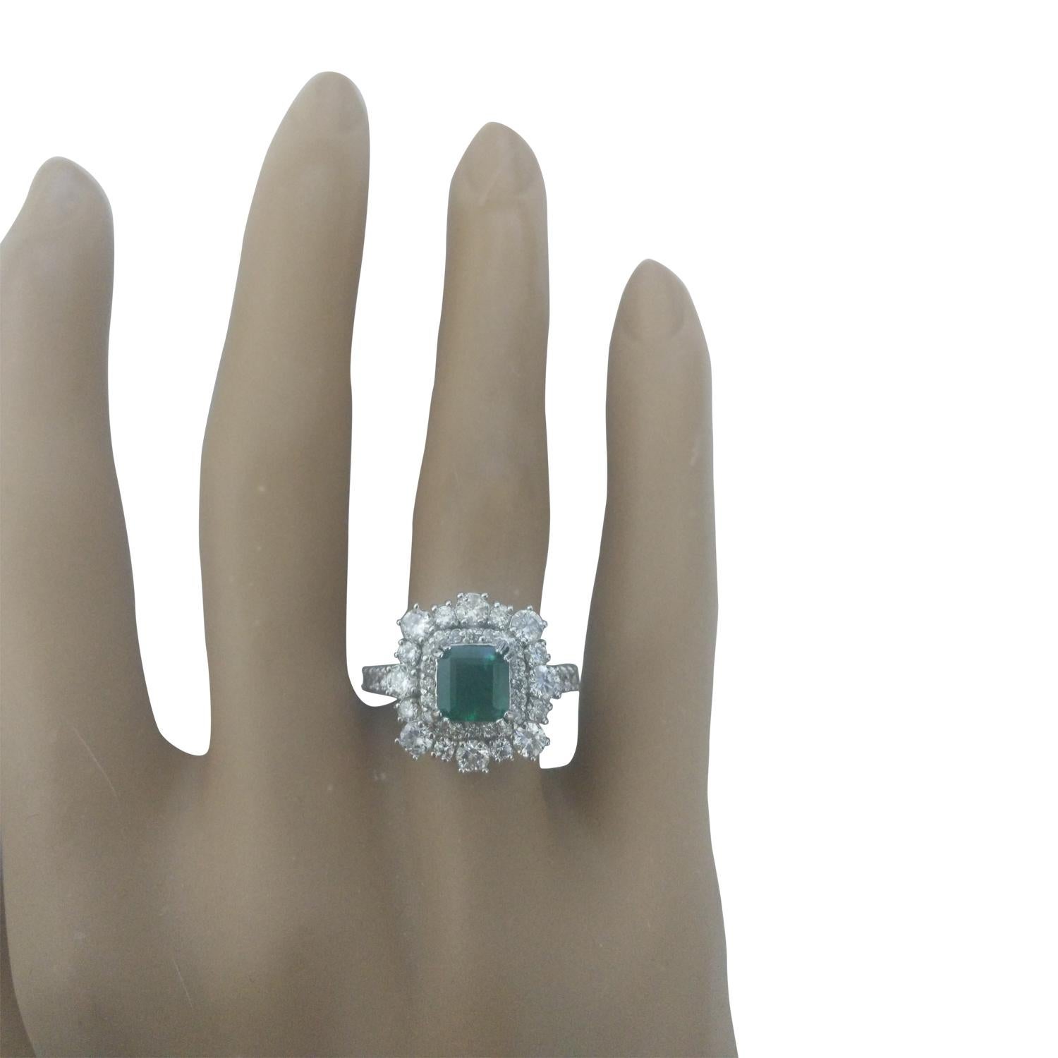 2.30 Carat Natural Emerald 14 Karat Solid White Gold Diamond Ring
Stamped: 14K
Total Ring Weight: 5.1 Grams 
Emerald Weight: 1.30 Carat (6.00x6.00 Millimeters)  
Diamond Weight: 1.00 Carat (F-G Color, VS2-SI1 Clarity)
Quantity: 44
Face Measures: