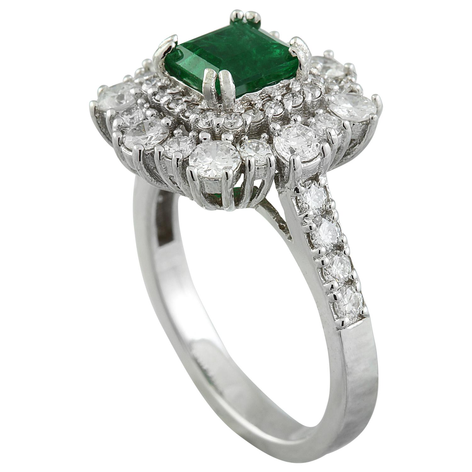 Emerald Cut Natural Emerald 14 Karat White Gold Diamond Ring For Sale