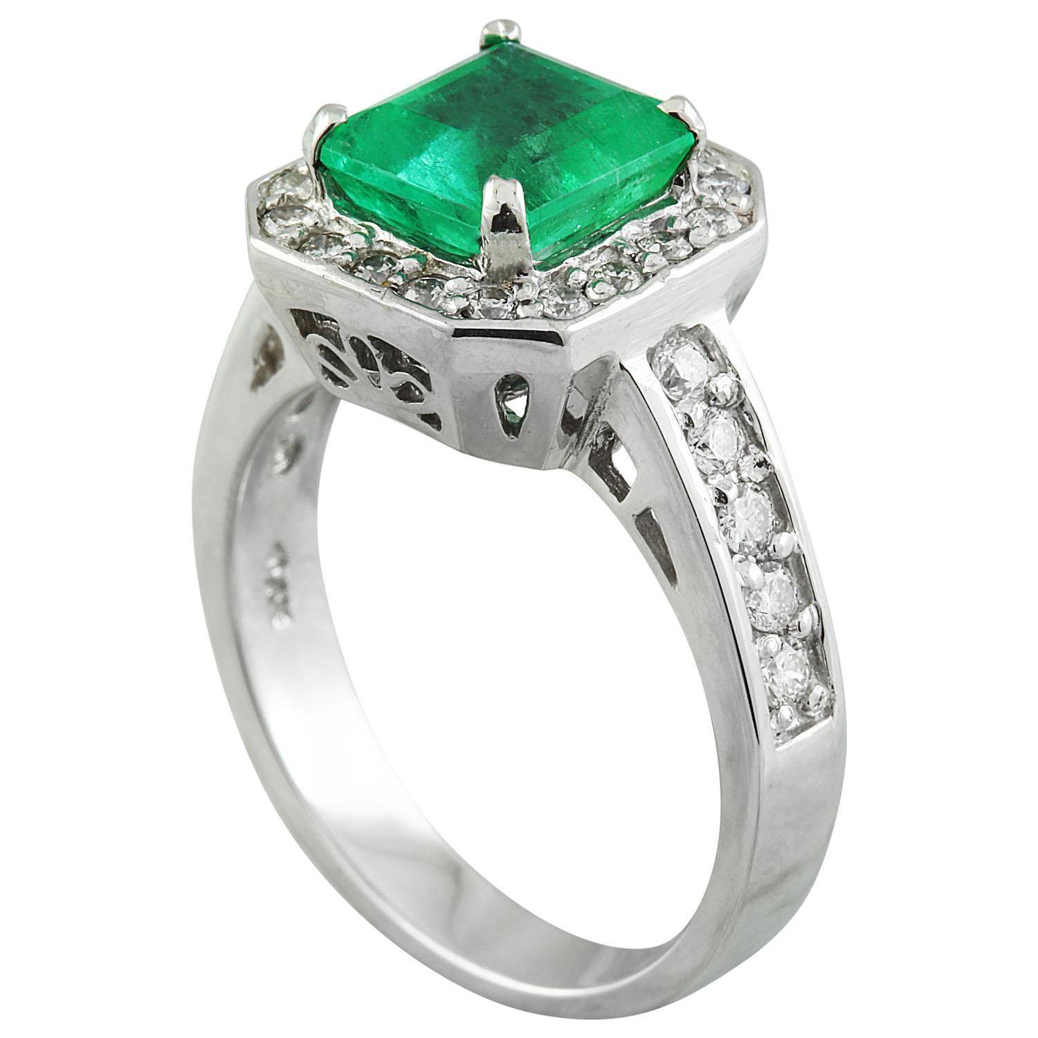 Emerald Cut Natural Emerald Diamond Ring In 14 Karat White Gold For Sale