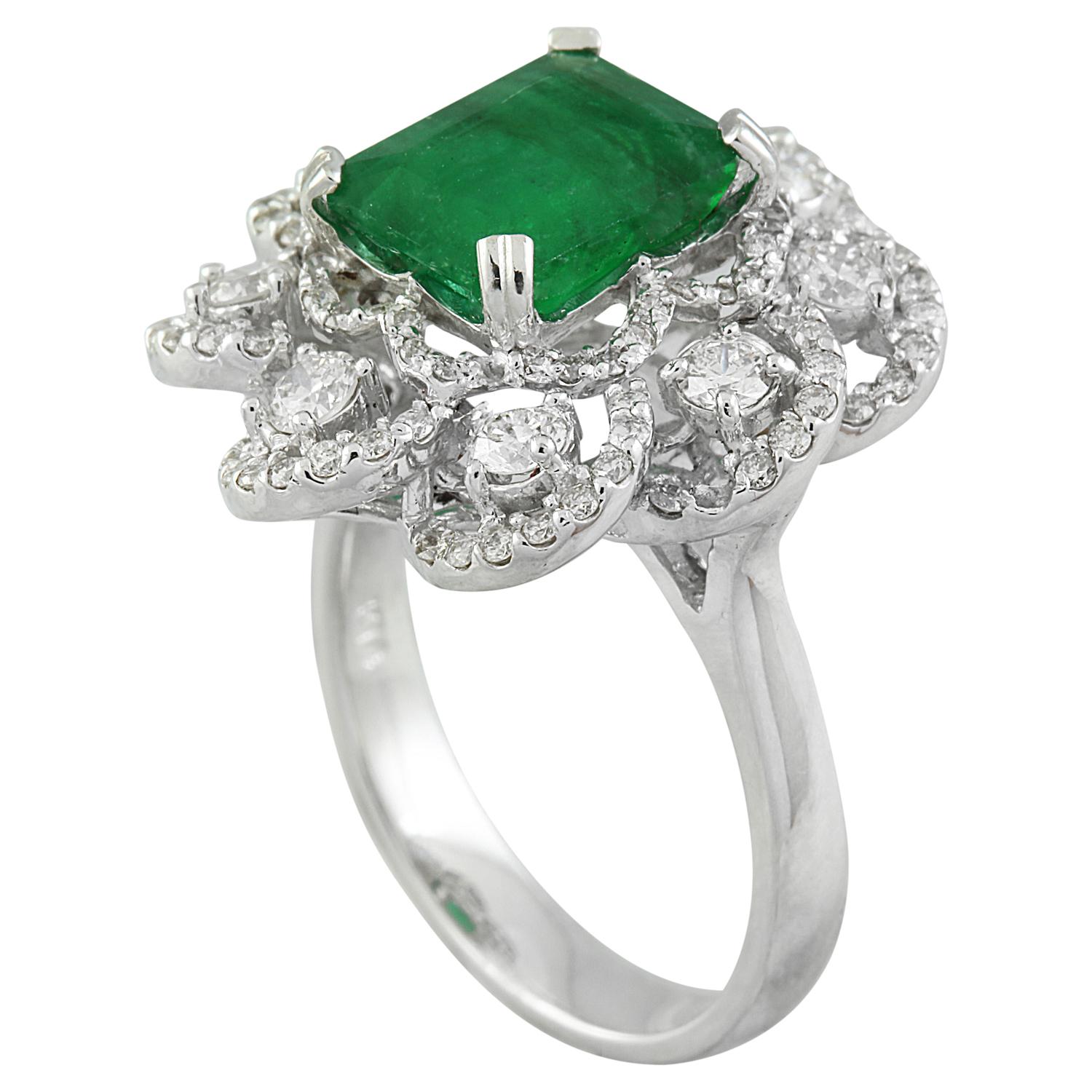 Emerald Cut Natural Emerald Diamond Ring In 14 Karat White Gold For Sale