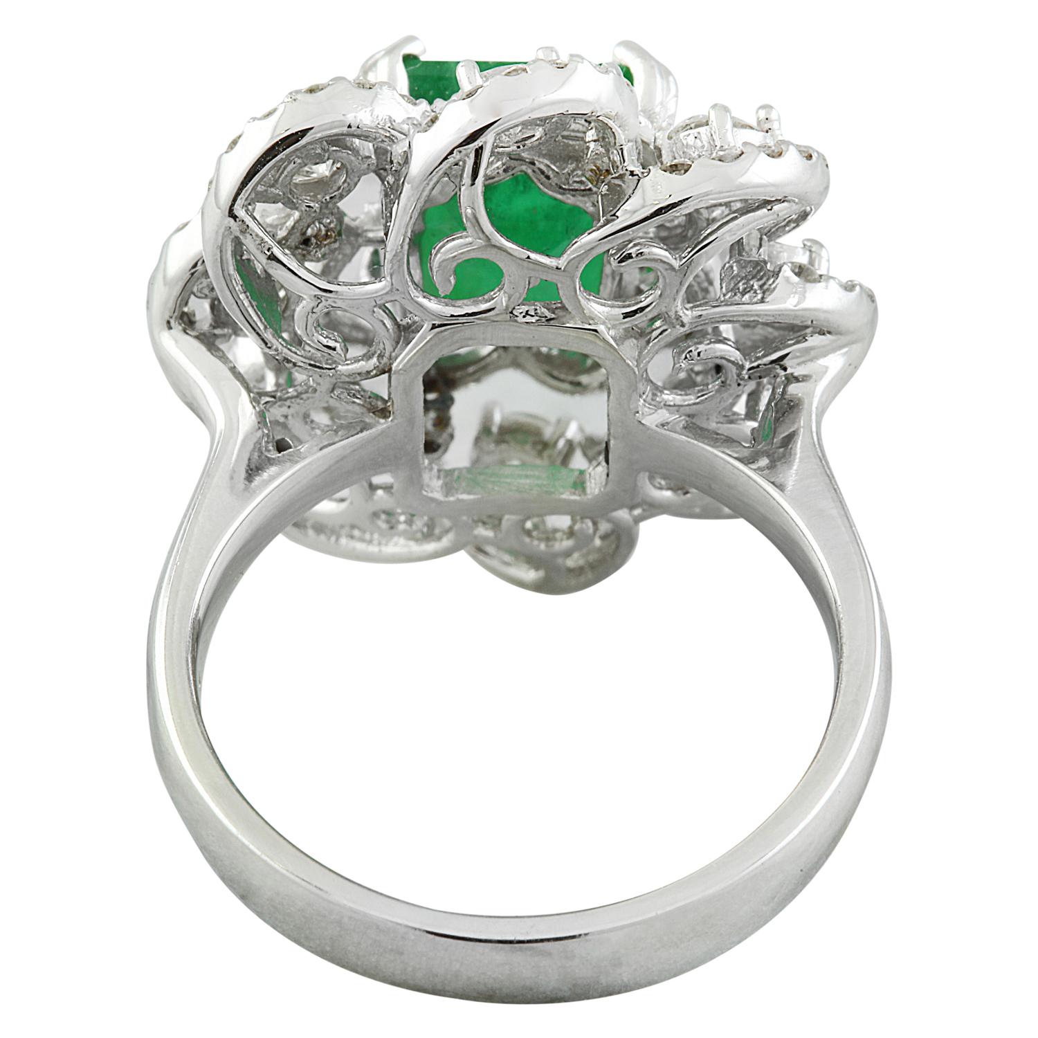 Women's Natural Emerald Diamond Ring In 14 Karat White Gold For Sale