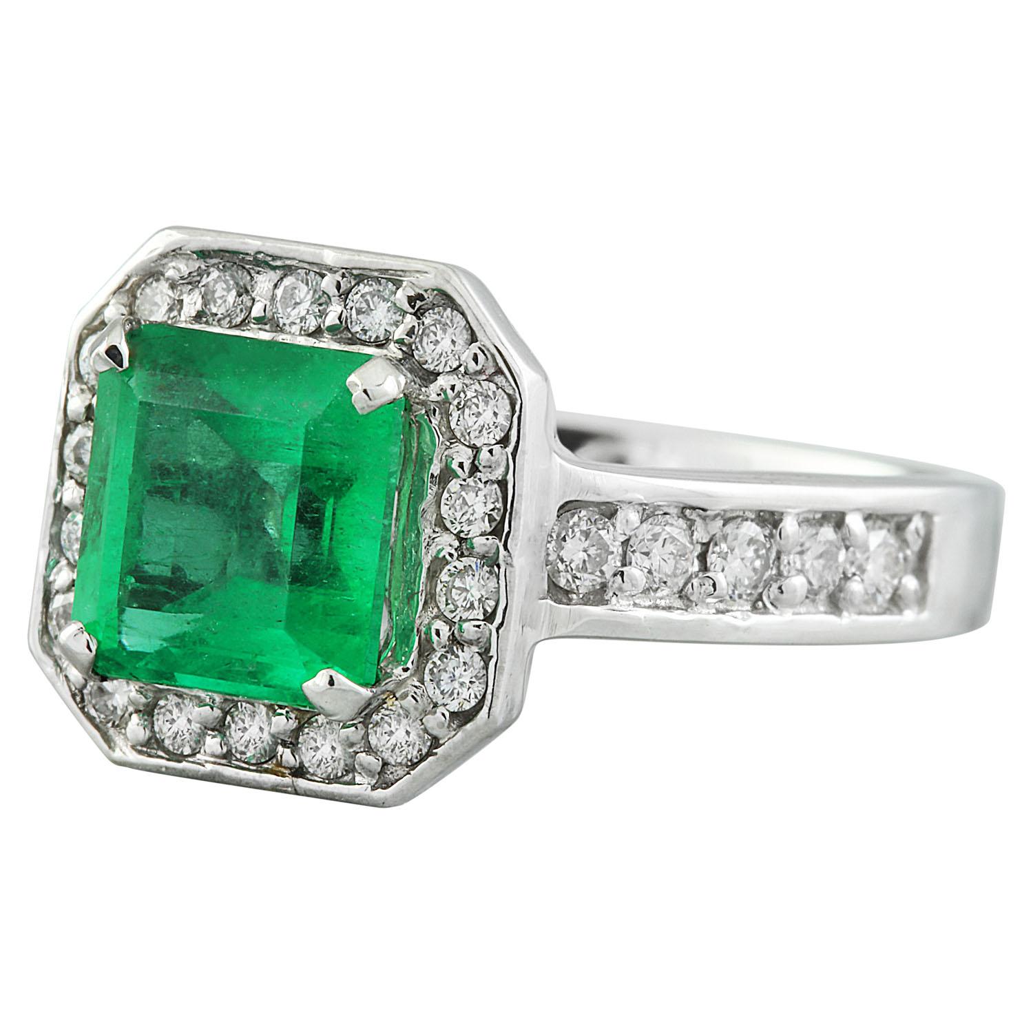Natural Emerald Diamond Ring In 14 Karat White Gold For Sale 1