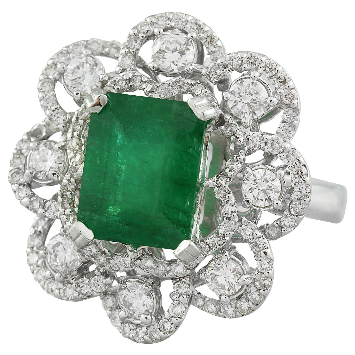 Natural Emerald Diamond Ring In 14 Karat White Gold For Sale 1