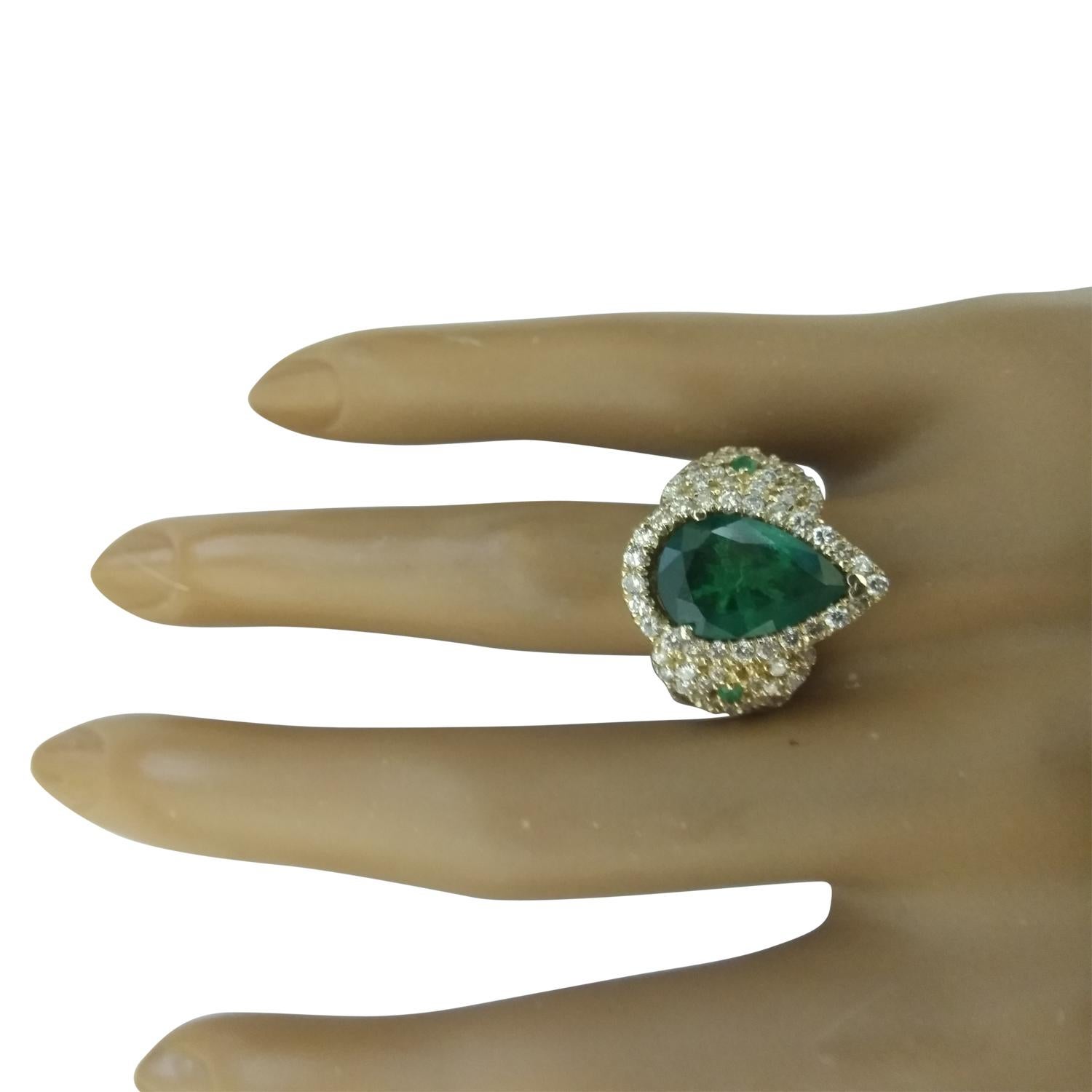 Pear Cut Natural Emerald Diamond Ring In 14 Karat Yellow Gold  For Sale