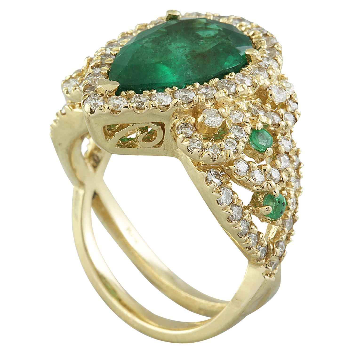 Pear Cut Natural Emerald Diamond Ring In 14 Karat Yellow Gold  For Sale