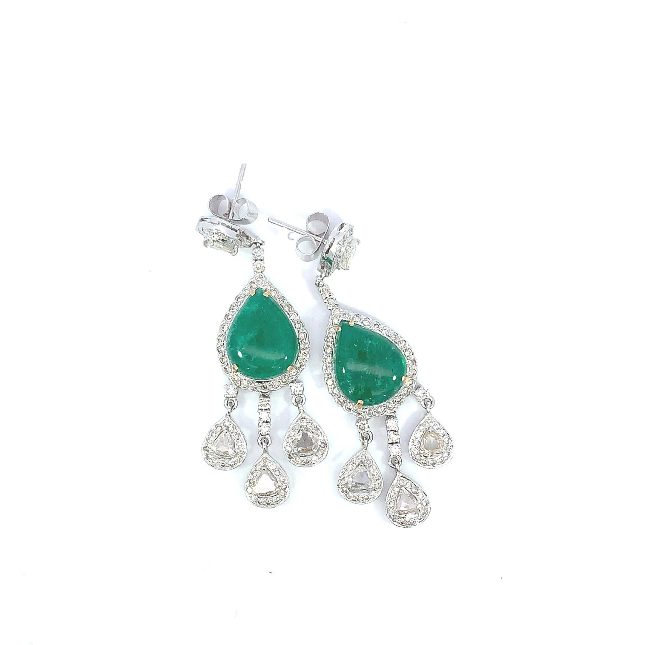 Cabochon Natural Emerald 16 Carats & White Diamond 2.9 Carats Drop Earring in 18K Gold For Sale
