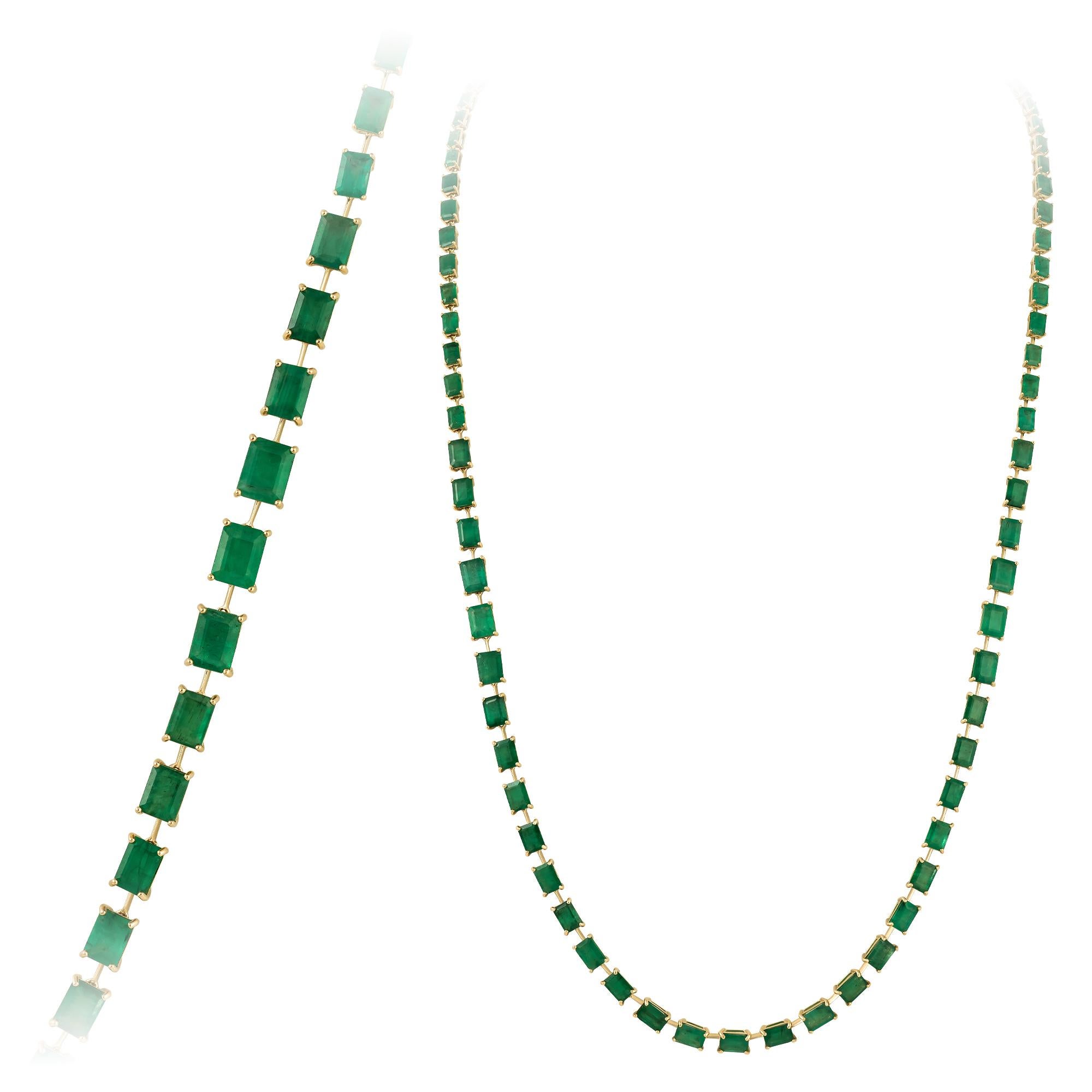 Emerald Cut Natural Emerald 18 Karat Yellow Gold Necklace for Her For Sale