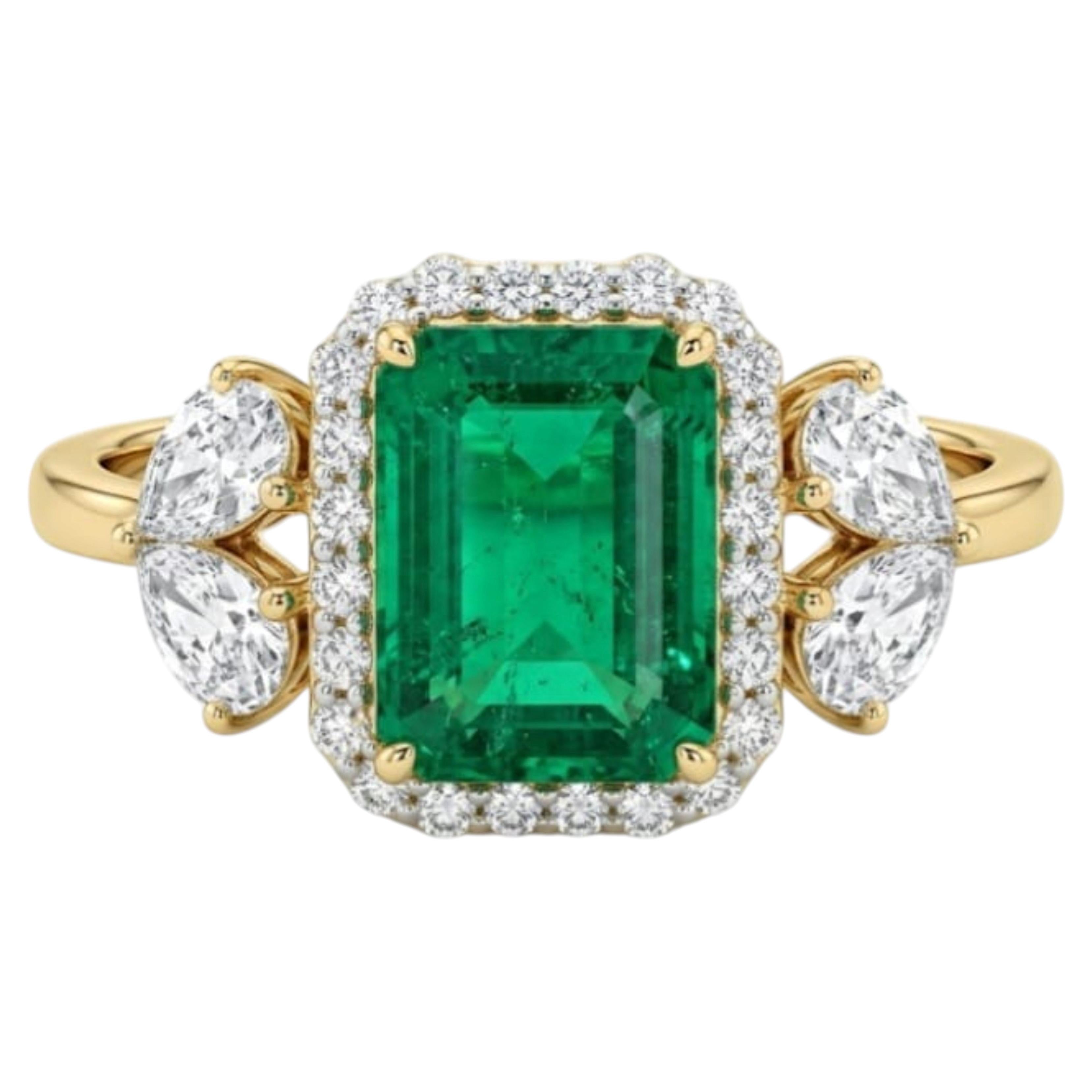 Emerald 2.06ct & Diamond 1.02ct Halo Ring in 18K Gold, Designer Made